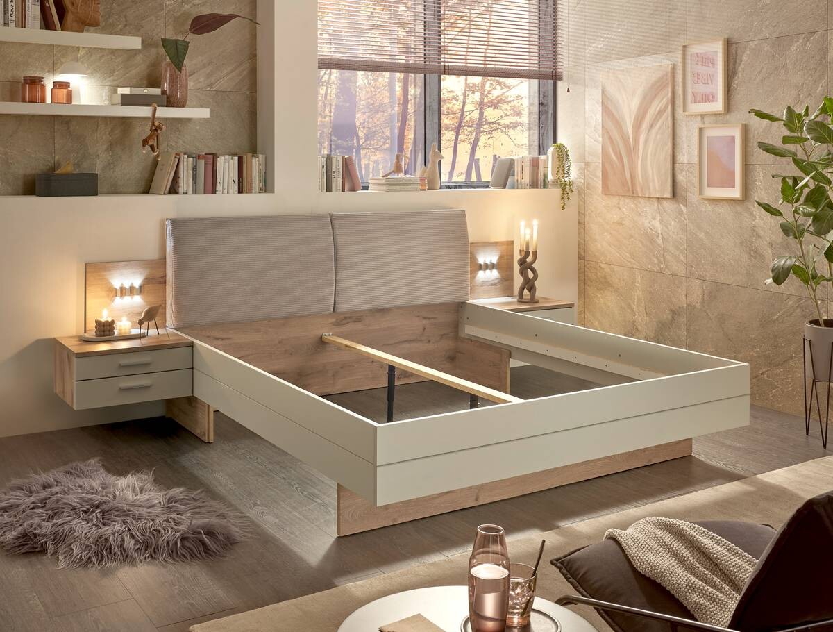 Bettanlage Moledo Eiche Viking Nachbildung hellgrau B/H/T: ca. 296x102x216 cm Liegefläche B/L: ca. 180x200 cm