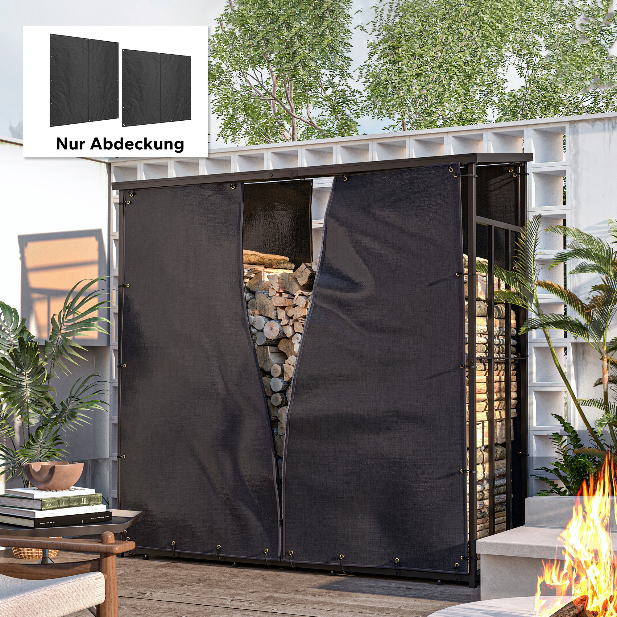 Outsunny Kaminholzregal Abdeckung schwarz Polyester B/H/L: ca. 1x173x174 cm