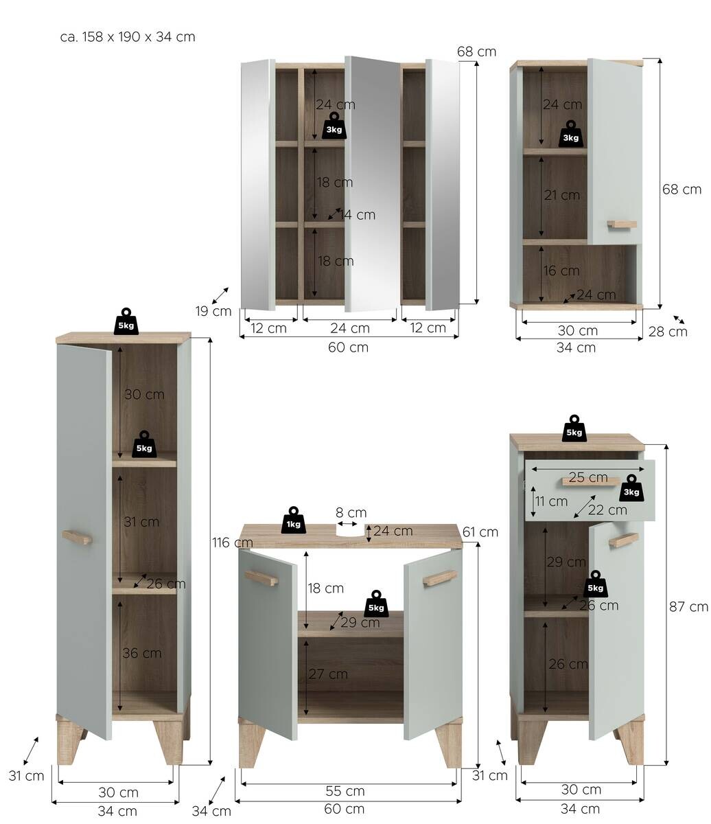 Badezimmer-Set STAR hellgrün Eiche hell Nachbildung B/H/T: ca. 158x190x34 cm