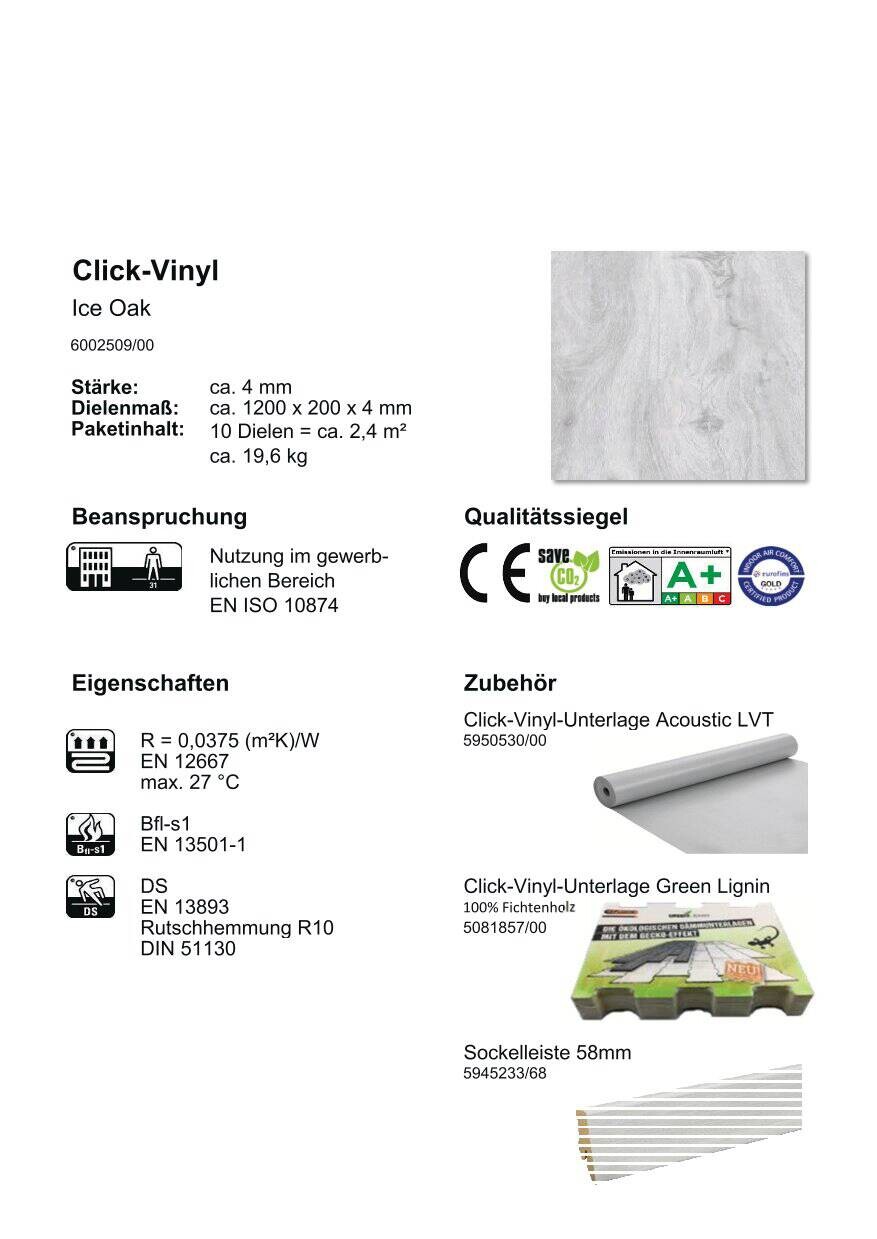 Click-Vinylboden Ice Oak ca. 2,4 m² im Paket  B/L: ca. 20x120 cm pro Paket