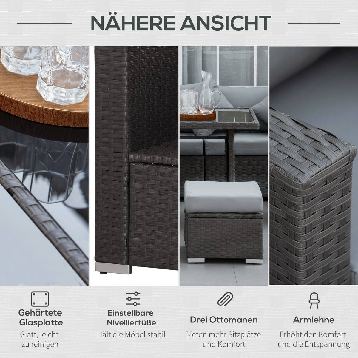 Outsunny Sitzgruppe dunkelgrau Polyrattan B/H/L: ca. 68x120x73 cm