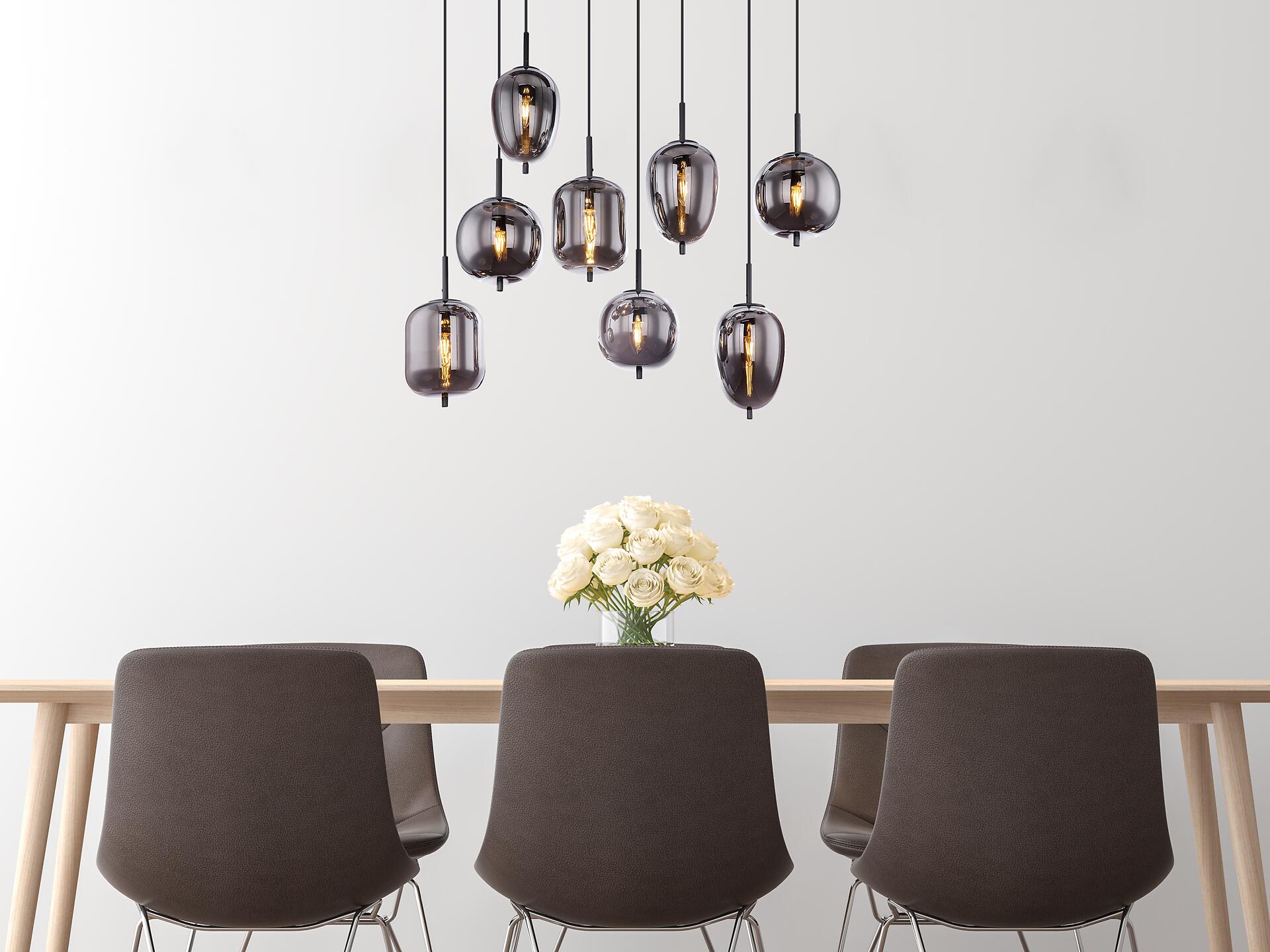 GLOBO Pendelleuchte Blacky 15345-8 schwarz Rauch Metall Glas B/H/T: ca. 94x120x34 cm E14 8 Brennstellen