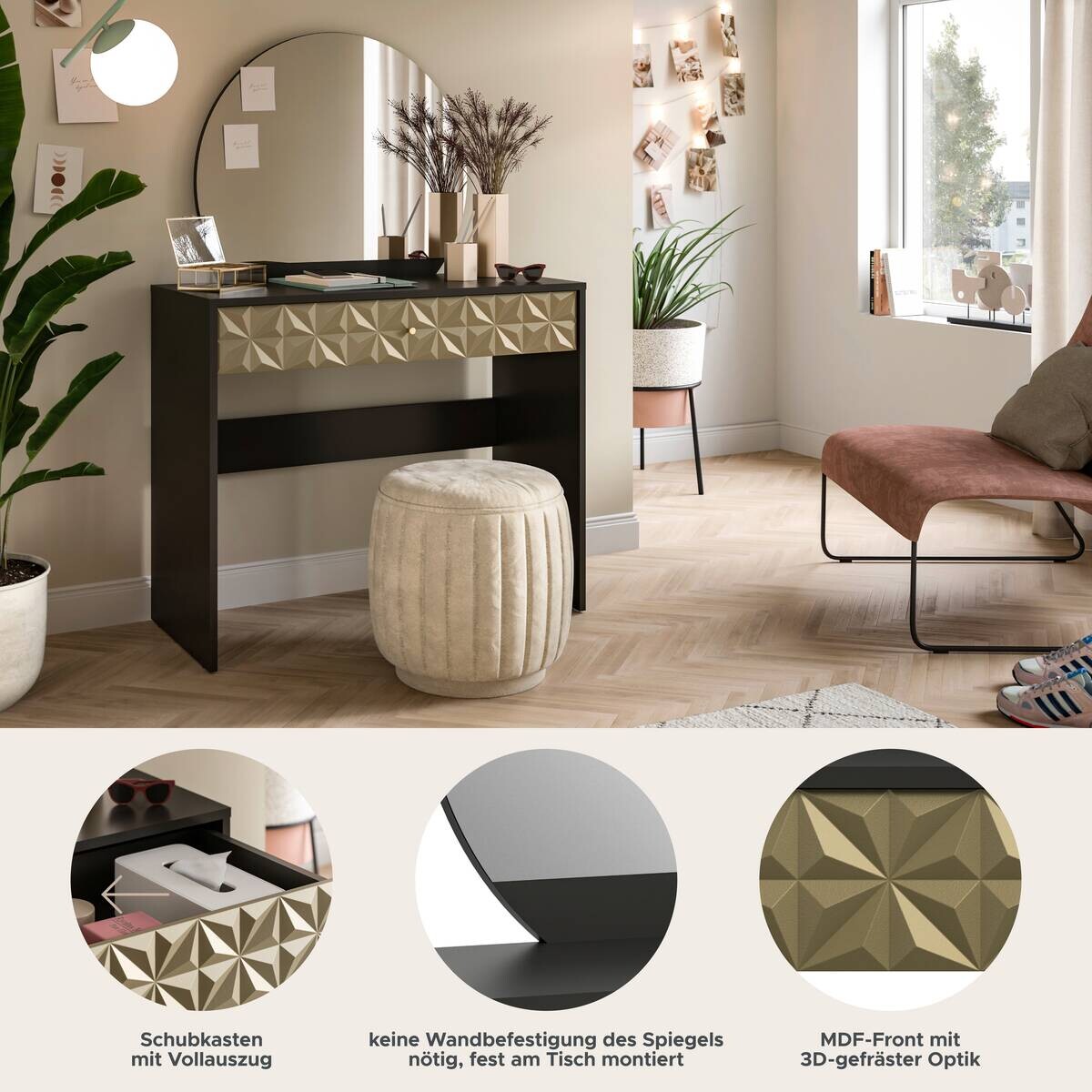 Schminktisch PRISMA schwarz gold Hochglanz Optik B/H/T: ca. 90x133x39 cm