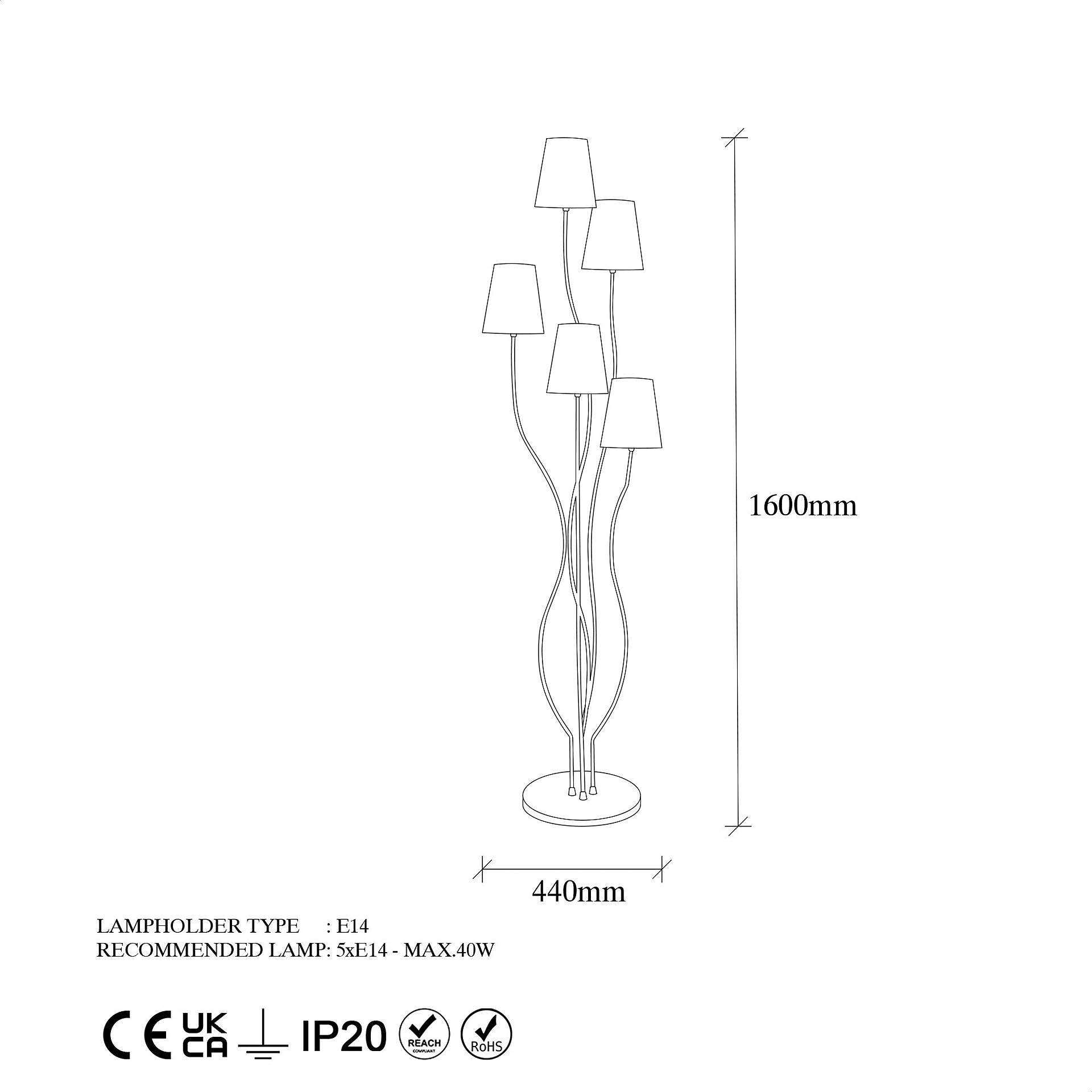 Opviq Stehleuchte mehrfarbig Metall B/H/T/L/D: ca. 44x160x44x44x44 cm E14 5 Brennstellen