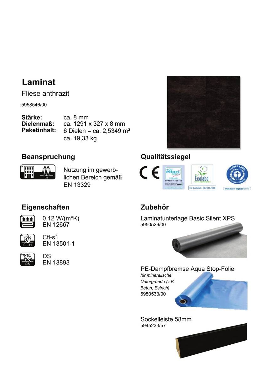 EGGER Laminatboden Fliese anth. ca. 2,5349 m² im Paket  B/L: ca. 34x130,5 cm pro Paket