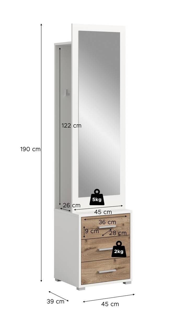Garderobe POLO weiß Nox Oak Nachbildung B/H/T: ca. 45x190x38 cm