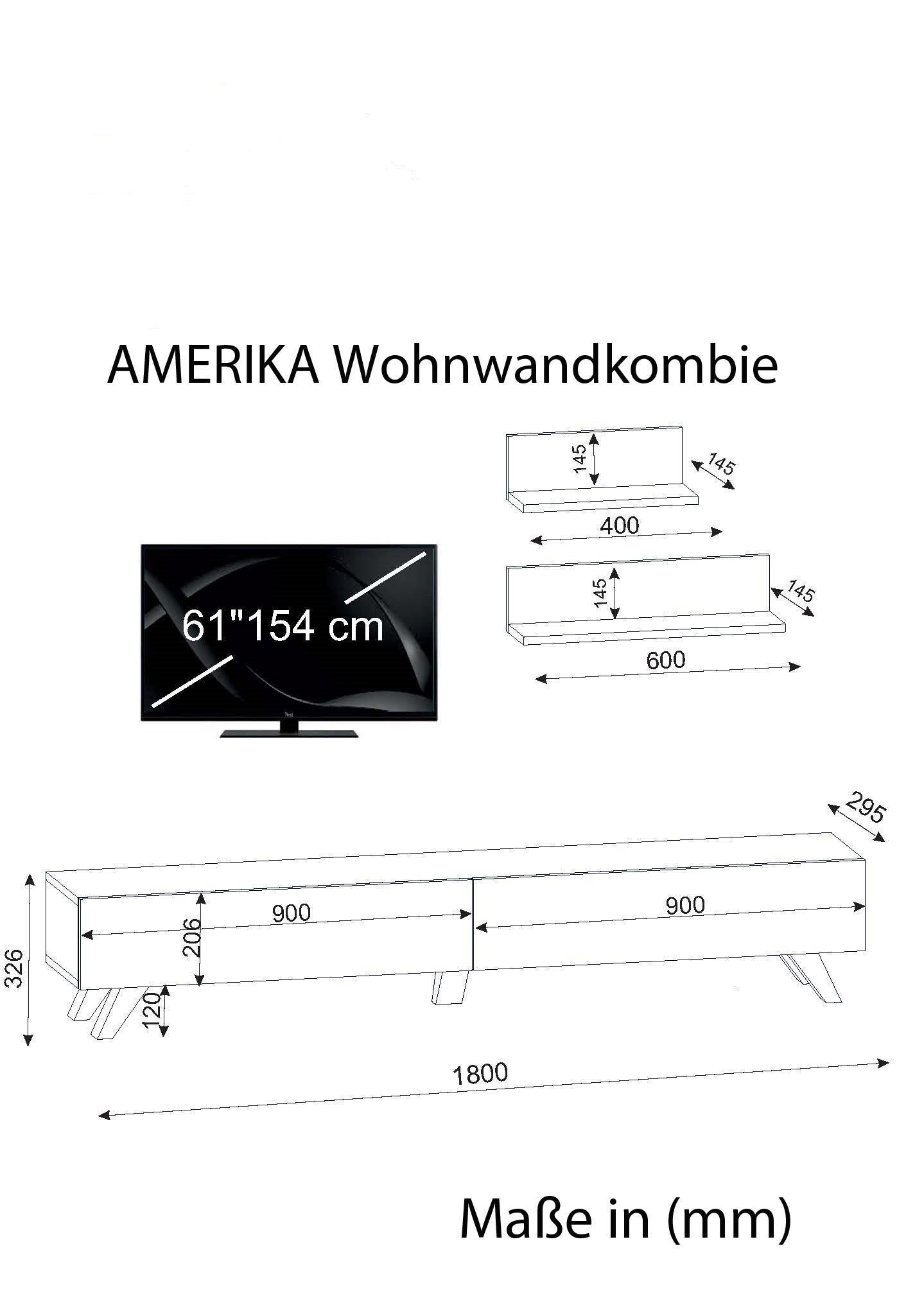 Wohnwand Amerika weiß walnuss Nachbildung B/H/T: ca. 180x32x29 cm