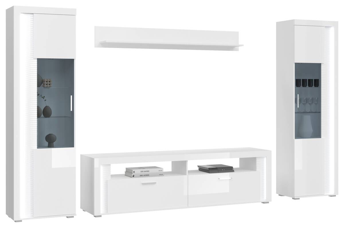 Wohnwand SKYLIGHT weiß weiß Hochglanz Pasol grau B/H/T: ca. 351x202x46 cm