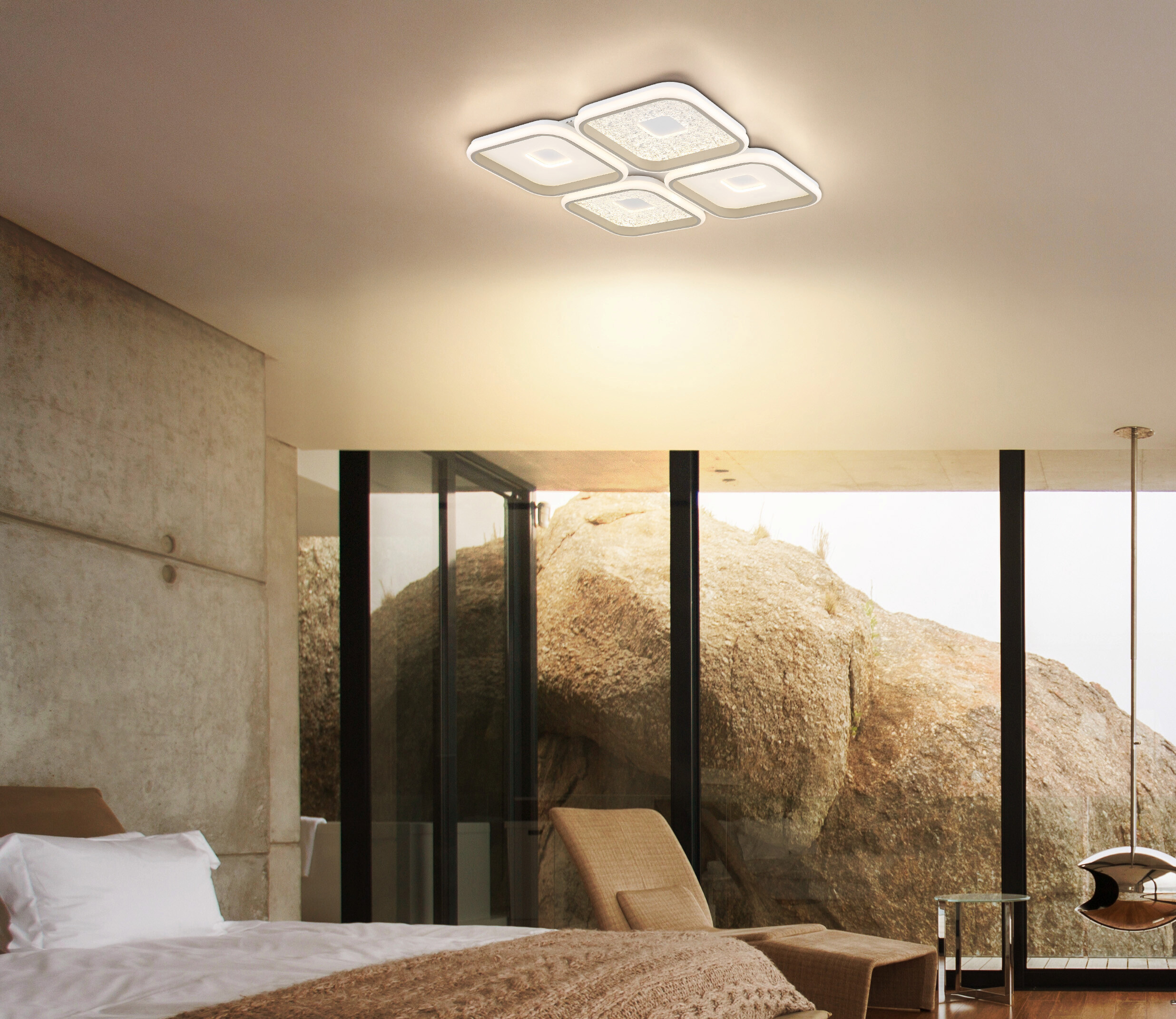 GLOBO LED-Deckenleuchte weiß Opal sand Metall Kunststoff B/H/L: ca. 54x7,8x54 cm 1 Brennstellen