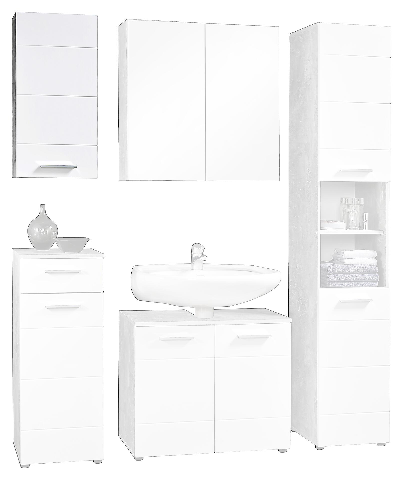 Badhängeschrank Stockholm Beton Optik weiß Hochglanz B/H/T: ca. 35x71x23 cm