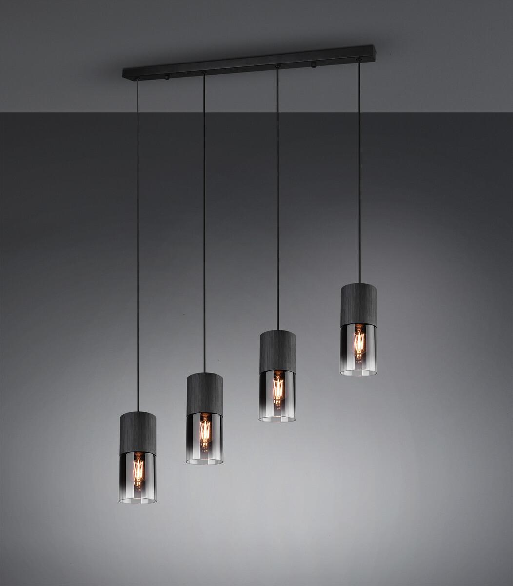 Reality Pendelleuchte Robin schwarz Rauch Metall Glas B/H/D: ca. 81x150x10 cm E27 4 Brennstellen