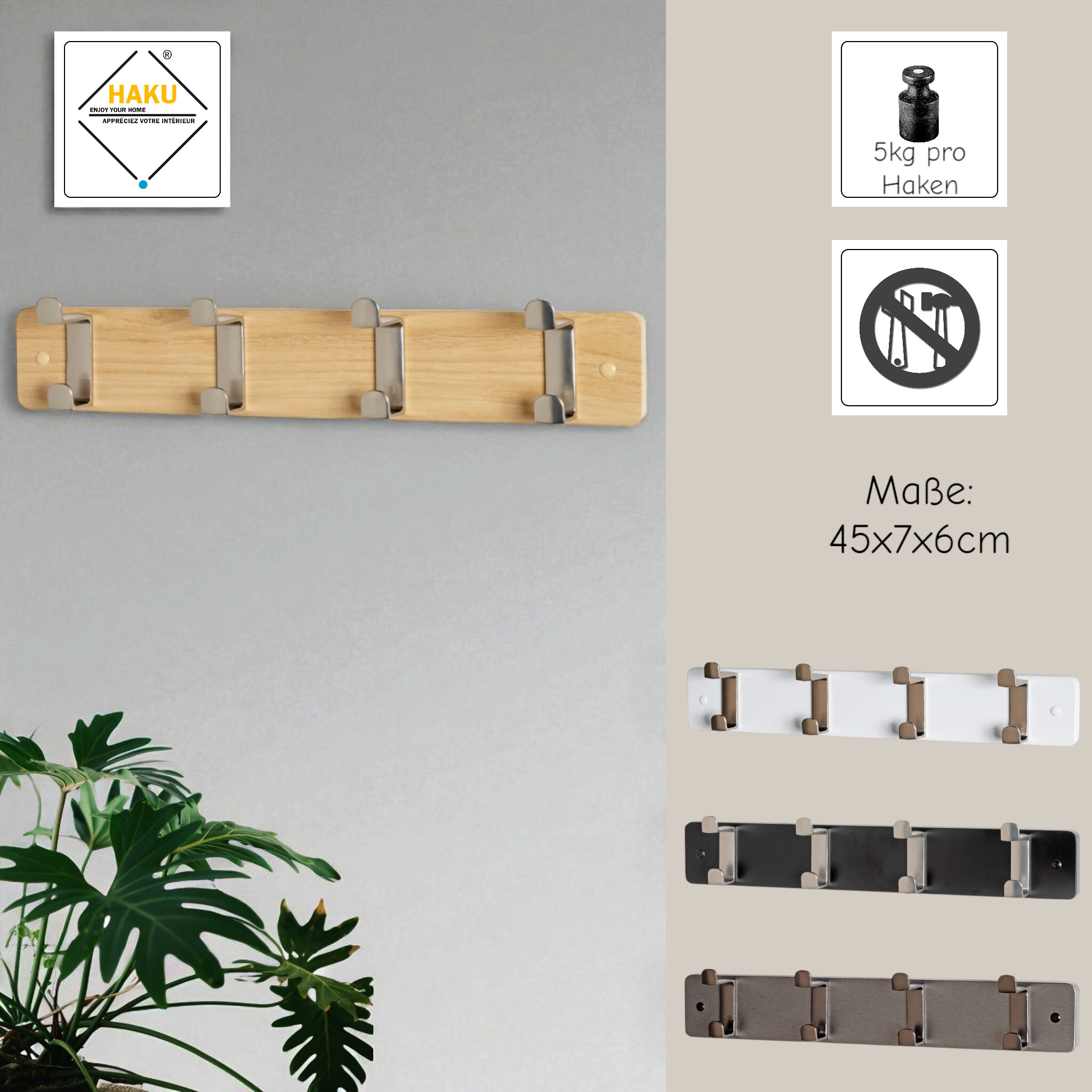 Garderobenleiste  Eiche hell Nachbildung Edelstahl Optik B/H/T: ca. 45x7x6 cm