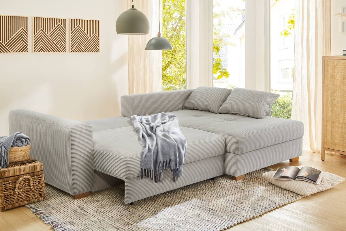 Ecksofa mit Bettfunktion und Bettkasten Greige Velourstoff B/H/T: ca. 288x86x186 cm