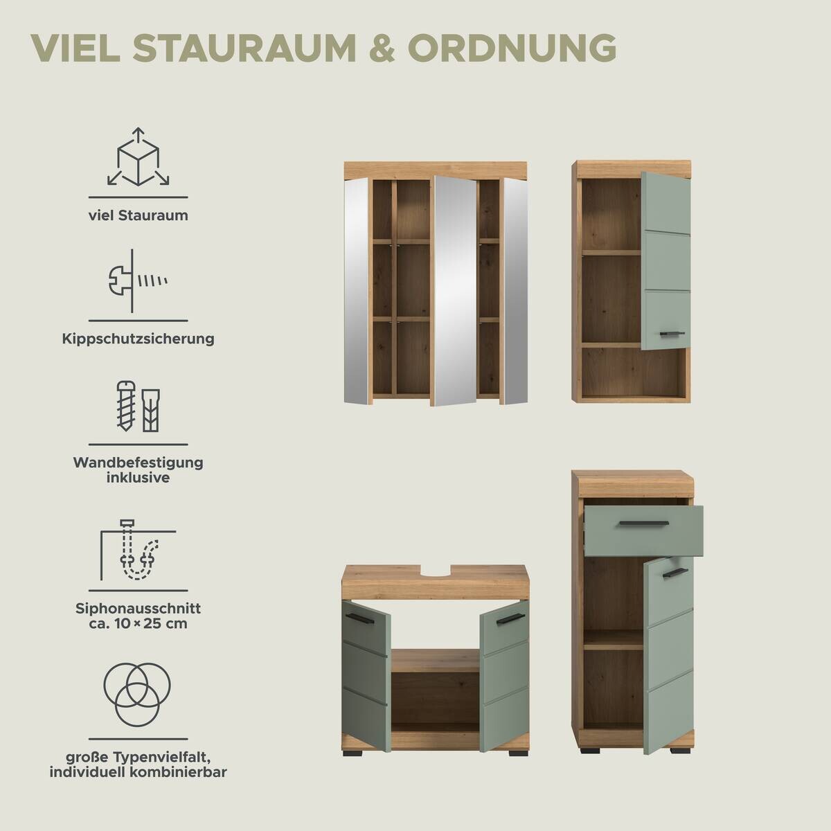 Badezimmer-Set Scout Eiche Artisan Nachbildung salbei Nachbildung B/H/T: ca. 112x191x34 cm