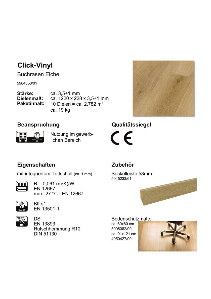 Click-Vinylboden Buchrasen ca. 2,782 m² im Paket  B/L: ca. 22,9x122 cm pro Paket