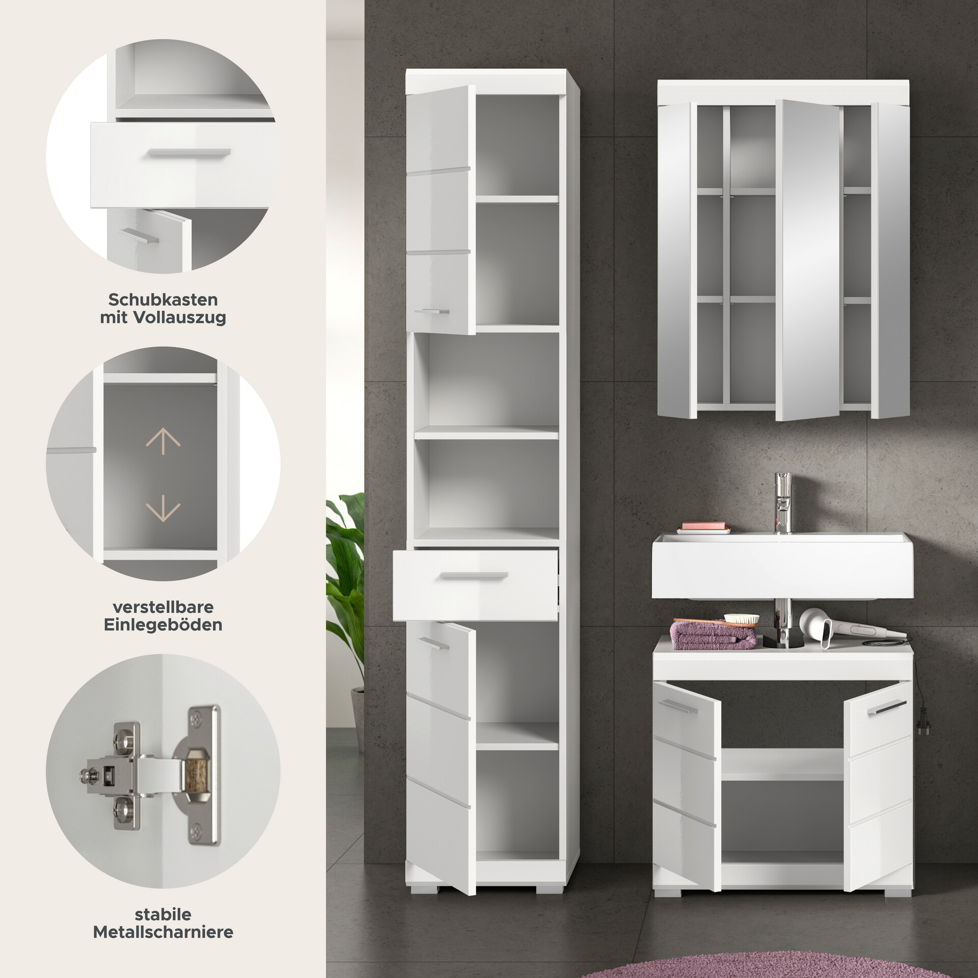 Badezimmer-Set Scout weiß weiß Hochglanz B/H/T: ca. 112x191x34 cm