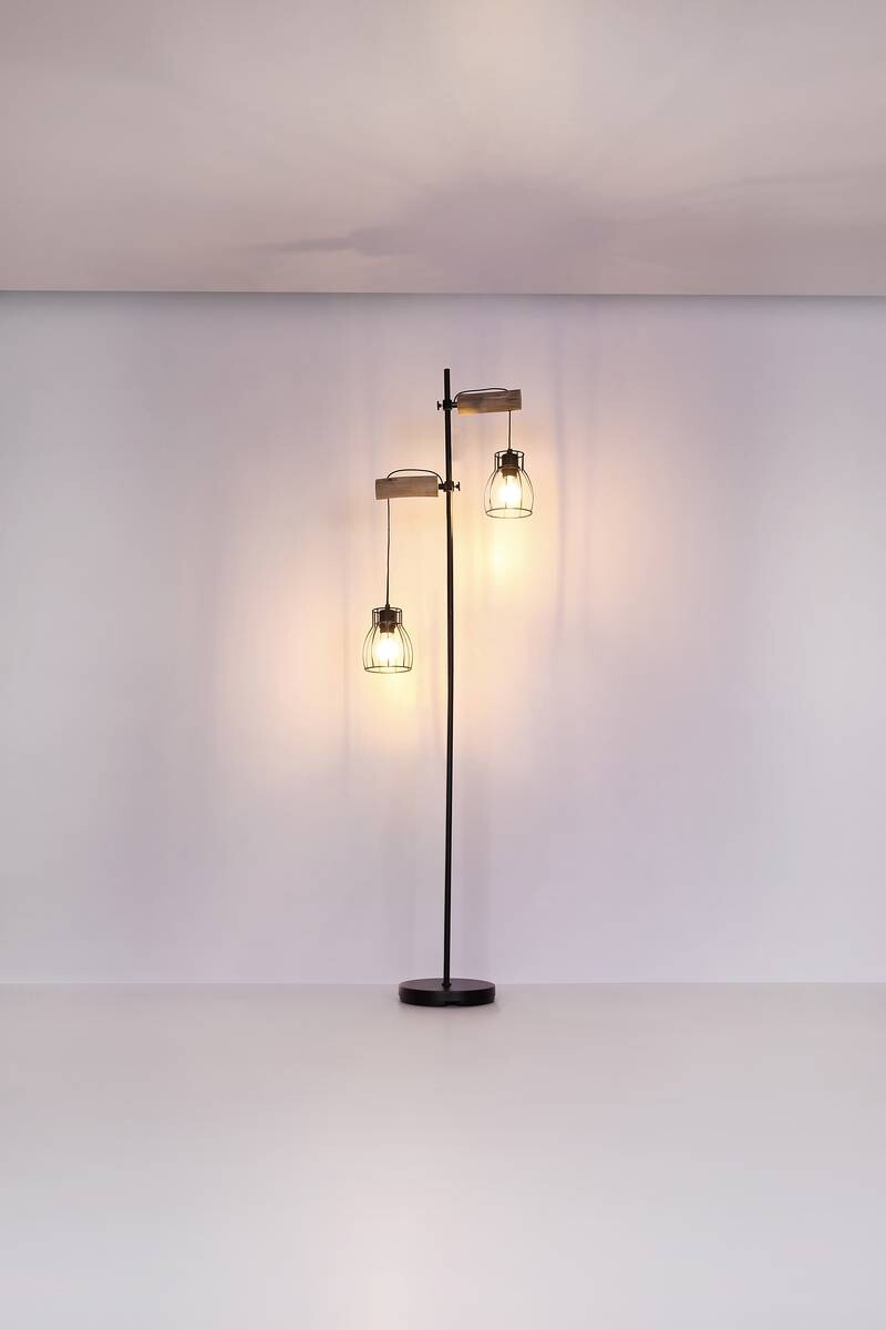 GLOBO Stehleuchte Mina schwarz natur Metall Holz H: ca. 168 cm E27 2 Brennstellen