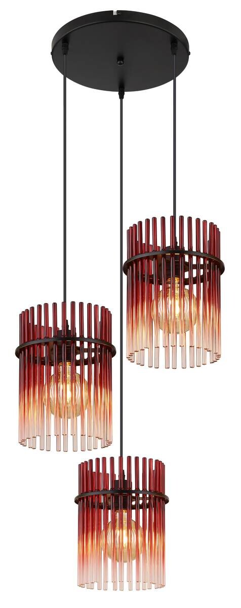 GLOBO Pendelleuchte Gorley schwarz rot Metall Glas H/D: ca. 140x47 cm E27 3 Brennstellen