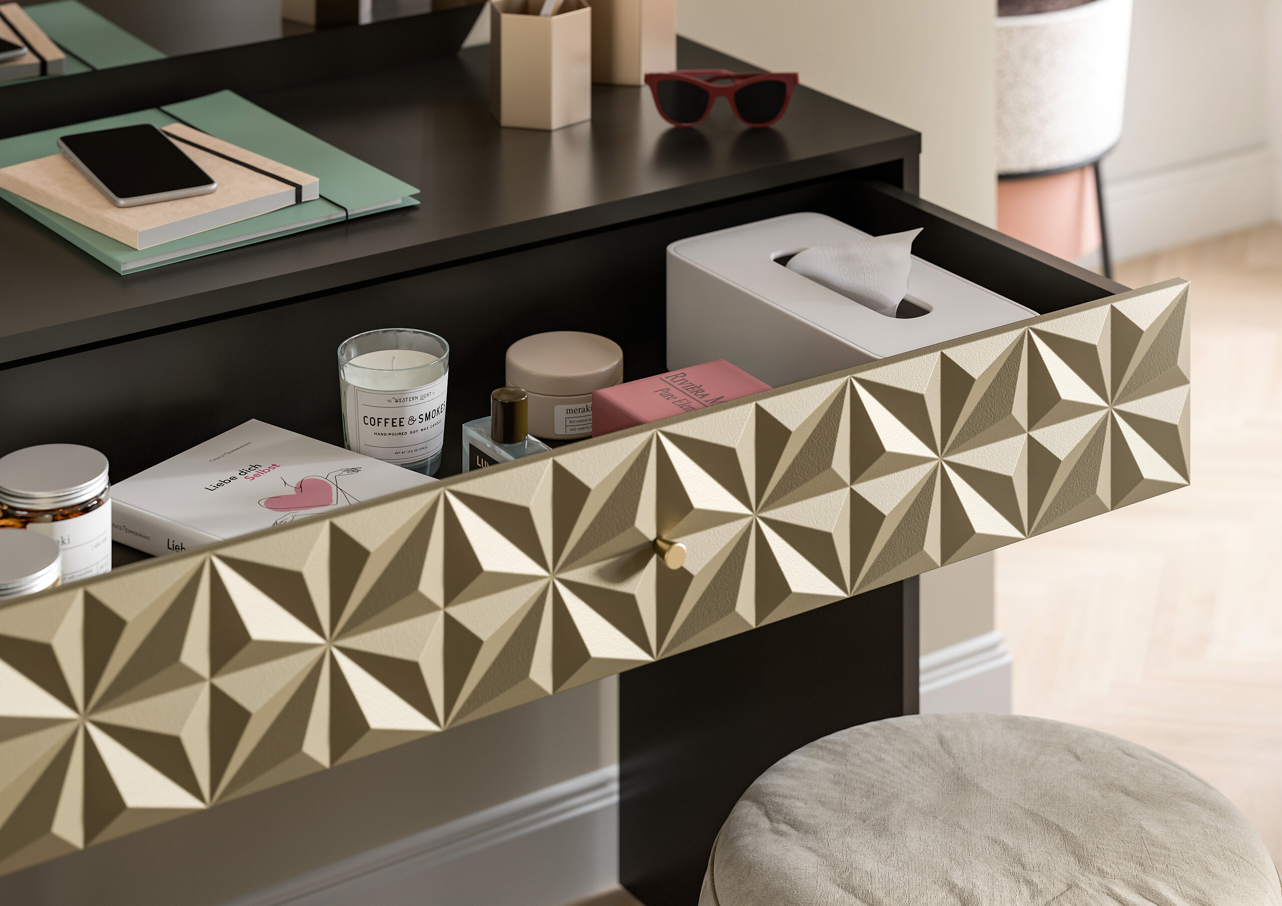 Schminktisch PRISMA schwarz gold Hochglanz Optik B/H/T: ca. 90x133x39 cm