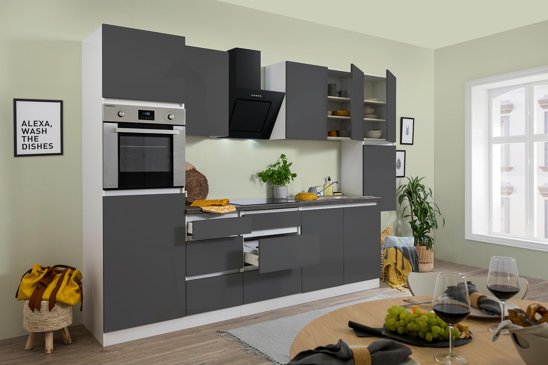 Respekta Küchenblock Premium grau Hochglanz B/H/T: ca. 320x220,5x60 cm