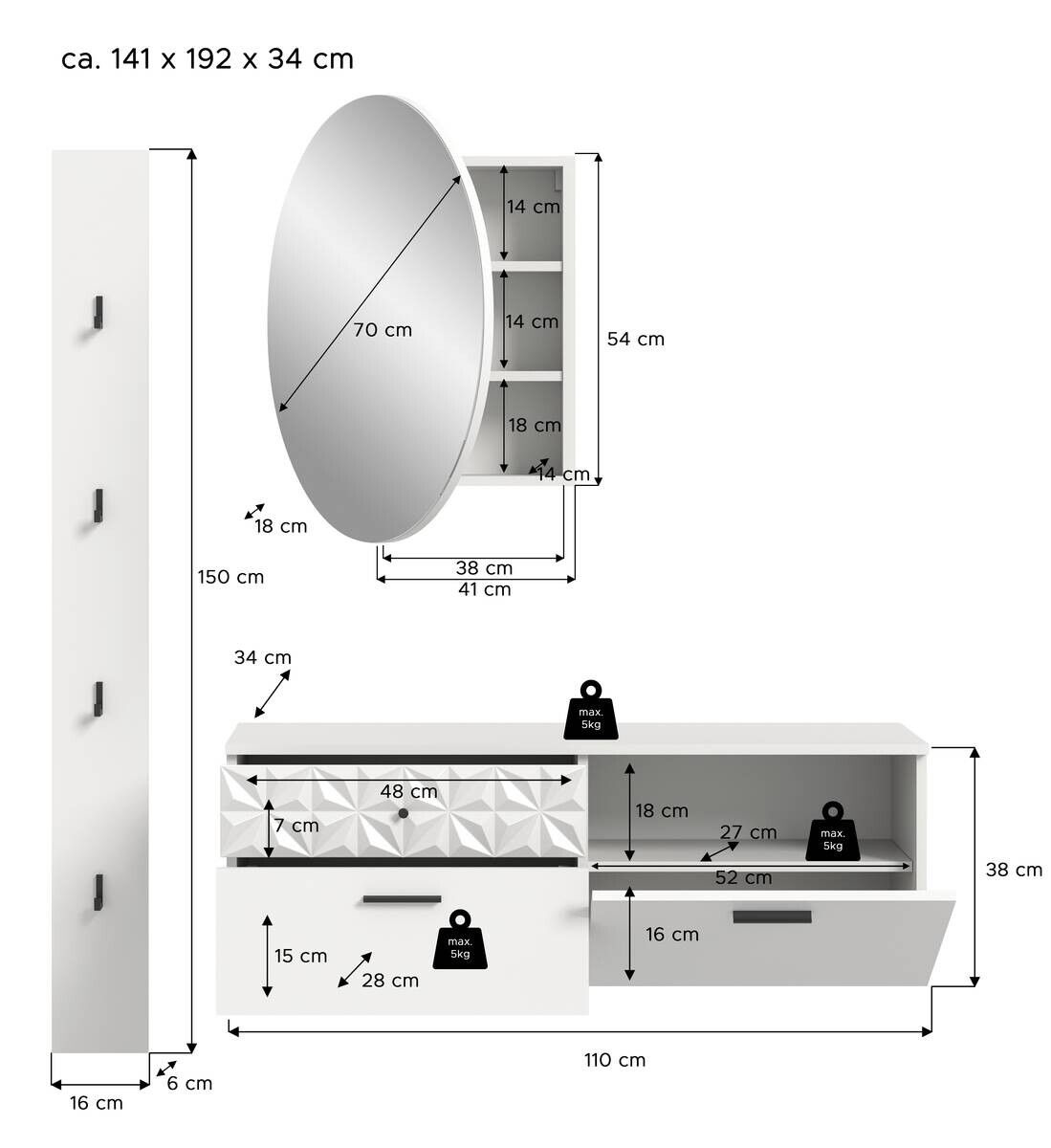 Garderobe Prisma weiß weiß Hochglanz B/H/T: ca. 141x192x34 cm