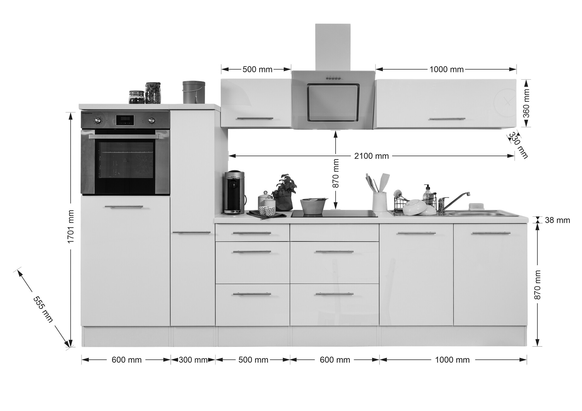 Respekta Küchenblock Amanda weiß Hochglanz B/H/T: ca. 300x200x60 cm