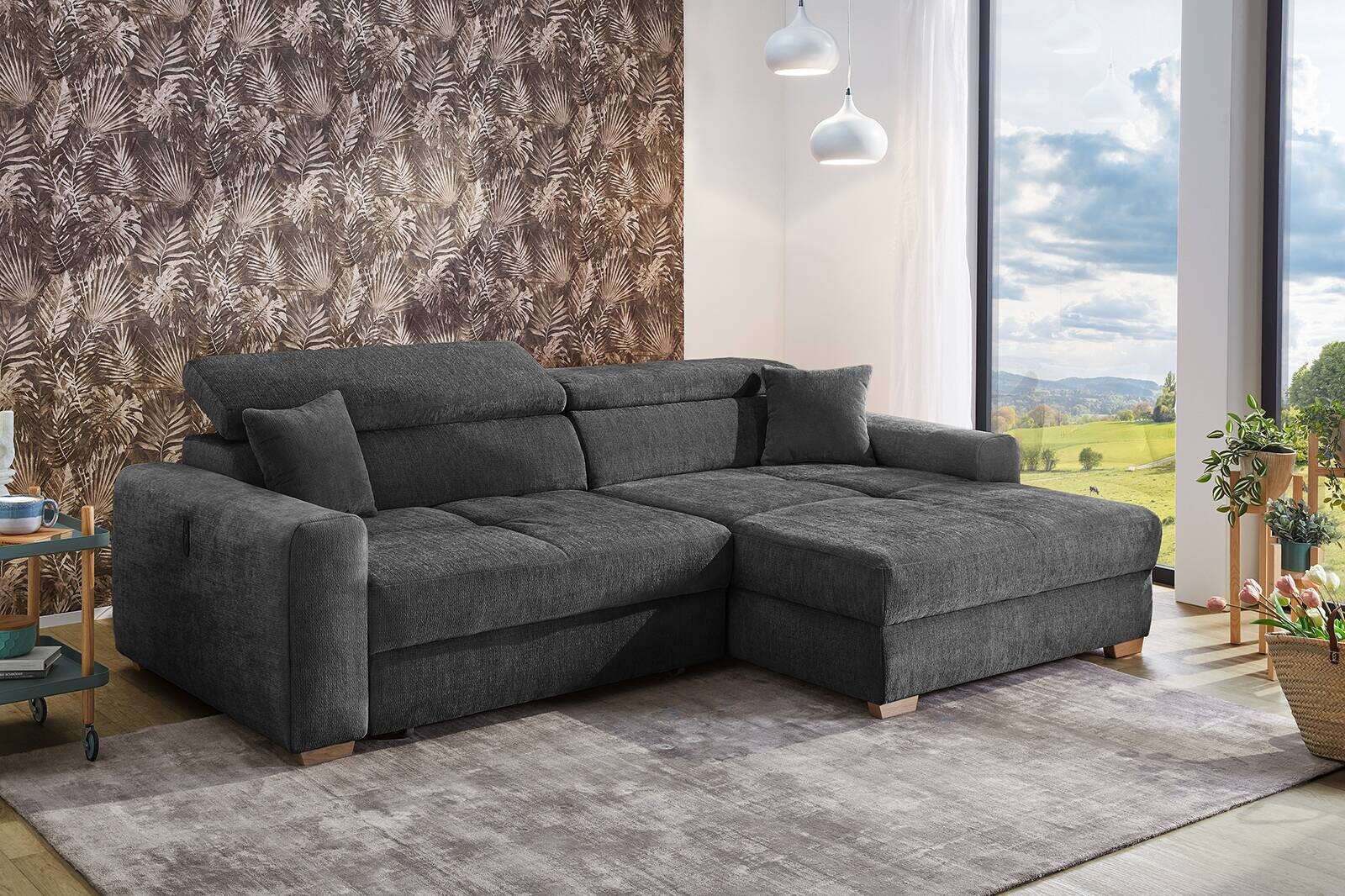 Ecksofa mit elektrischer XXL Sitztiefenverstellung dunkelgrau Flachgewebe B/H/T: ca. 277x109x187 cm