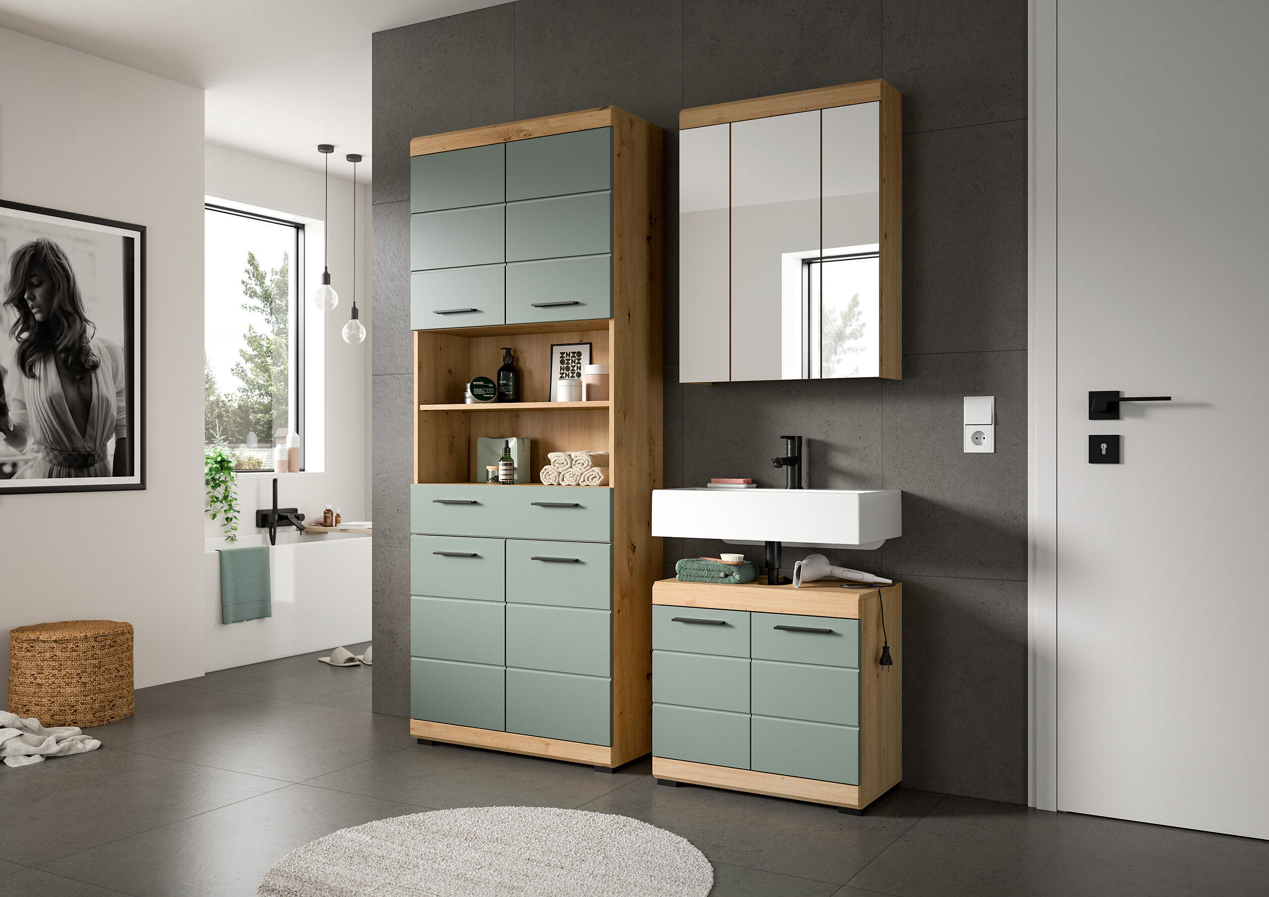 Badezimmer-Set Scout Eiche Artisan Nachbildung salbei Nachbildung B/H/T: ca. 149x34x191 cm