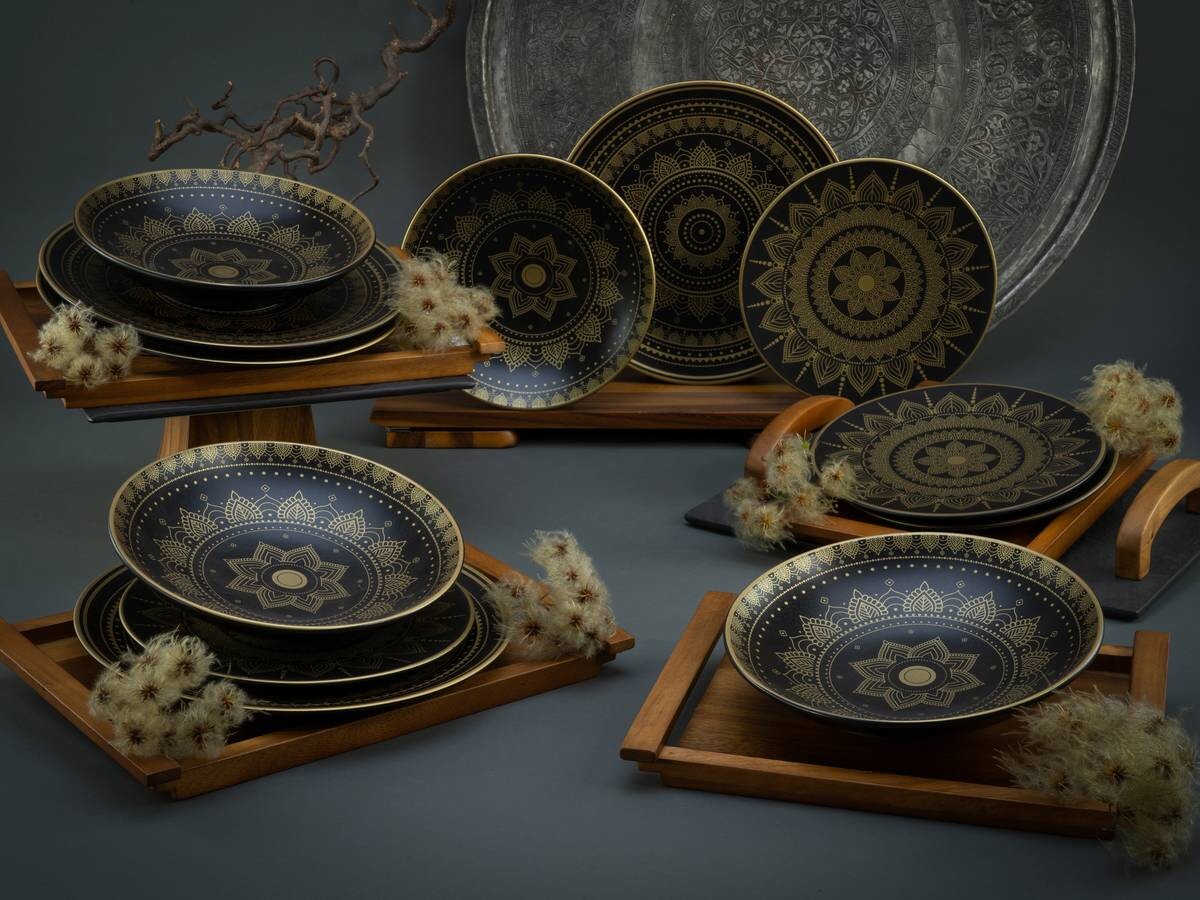 CreaTable Tafelservice MANDALA GOLD schwarz Steinzeug 12 tlg.
