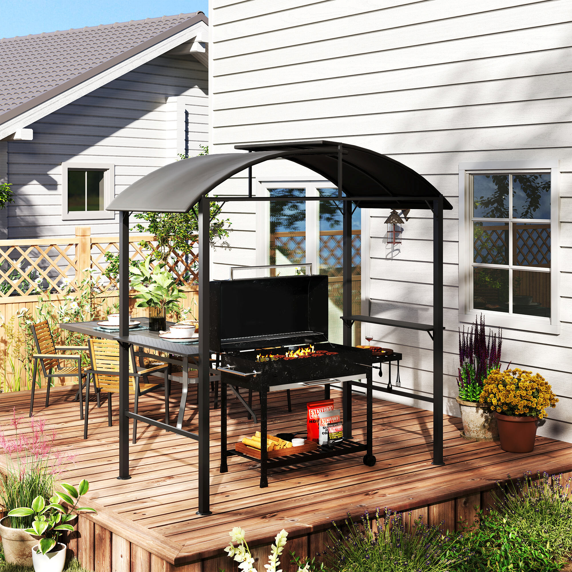 Outsunny Grillpavillon dunkelgrau Polyester B/H/L: ca. 110x235x233 cm