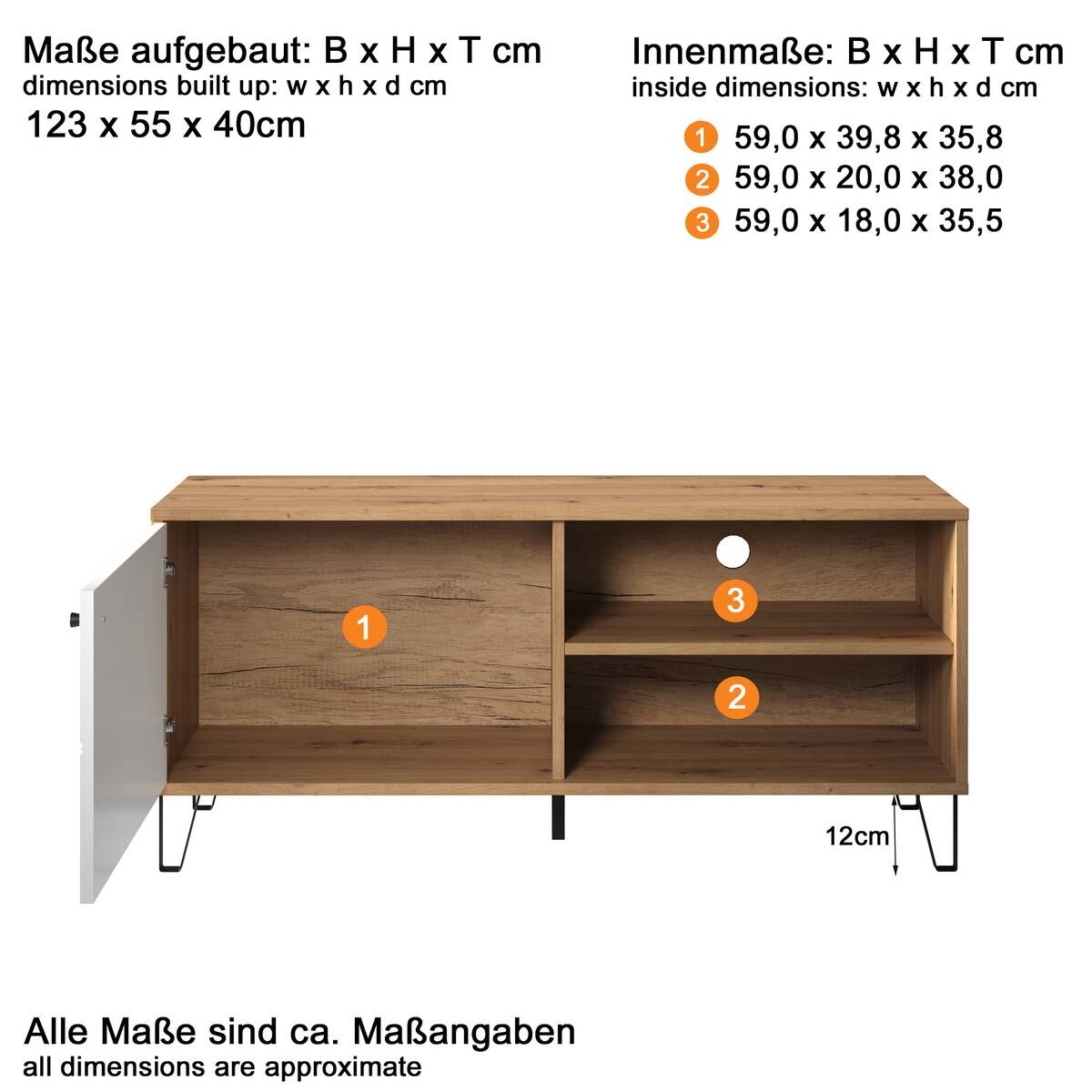 TV-Lowboard Touch weiß matt Eiche Artisan Nachbildung B/H/T: ca. 123x56x40 cm