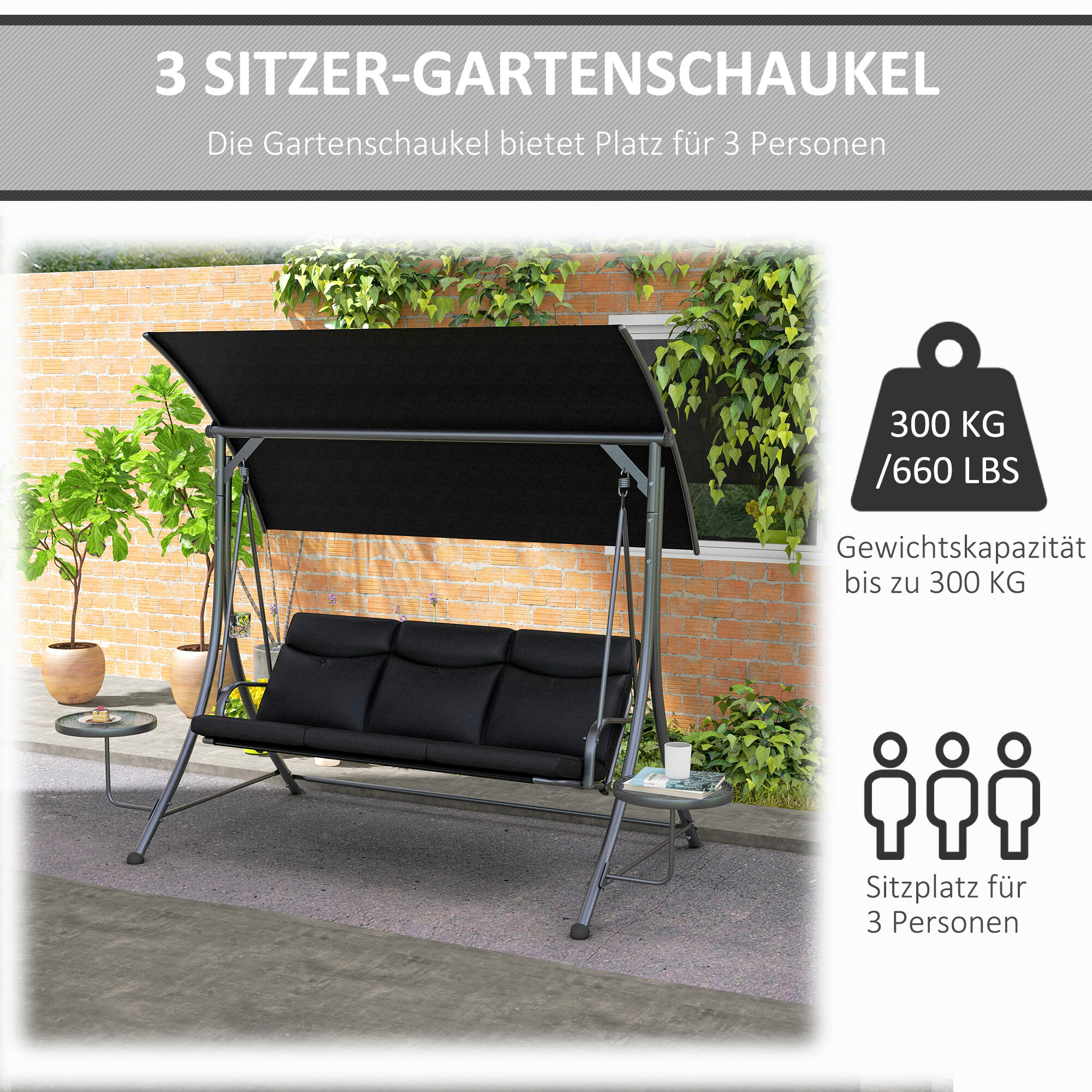 Outsunny Hollywoodschaukel schwarz Polyester B/H/L: ca. 135x177x278 cm