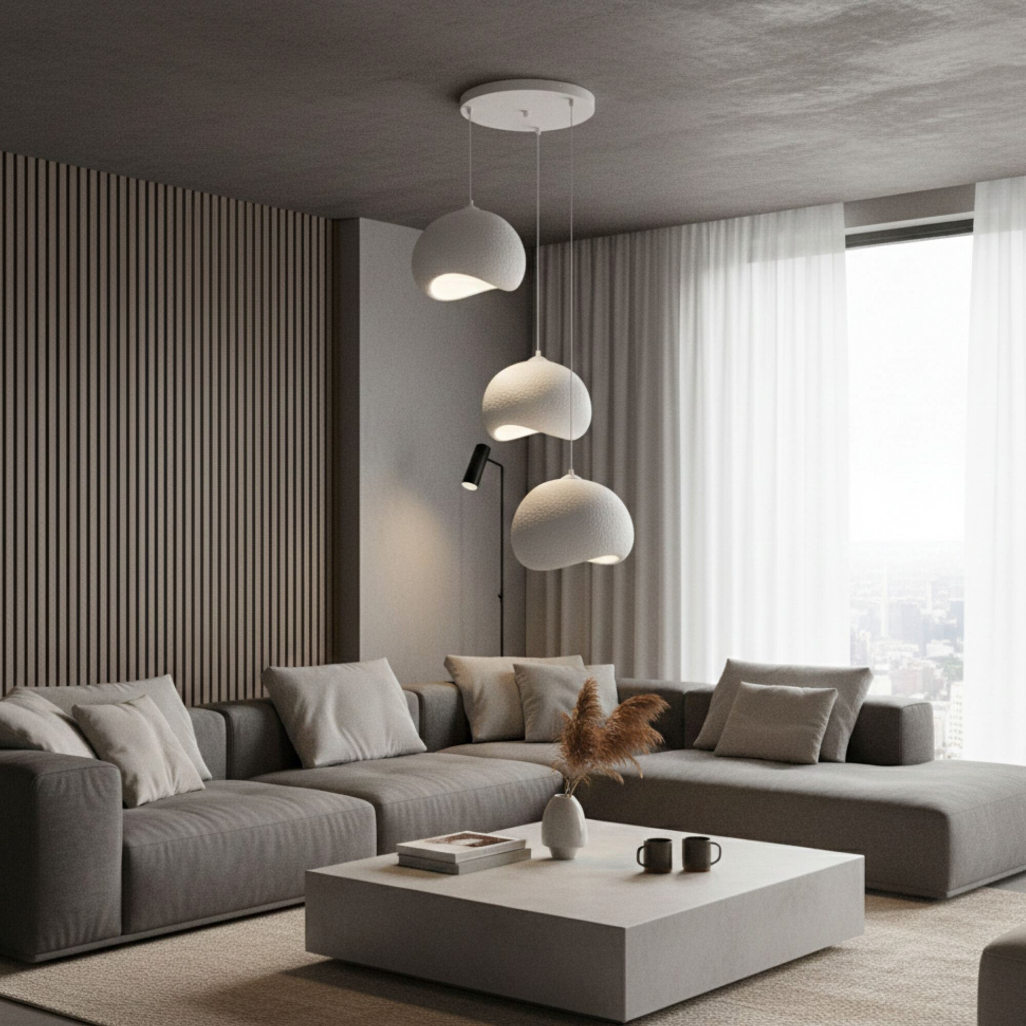 Opviq Pendelleuchte Yontu-15853 weiß Polyester-Mischgewebe Metall B/H/L: ca. 29x120x34 cm E27 3 Brennstellen