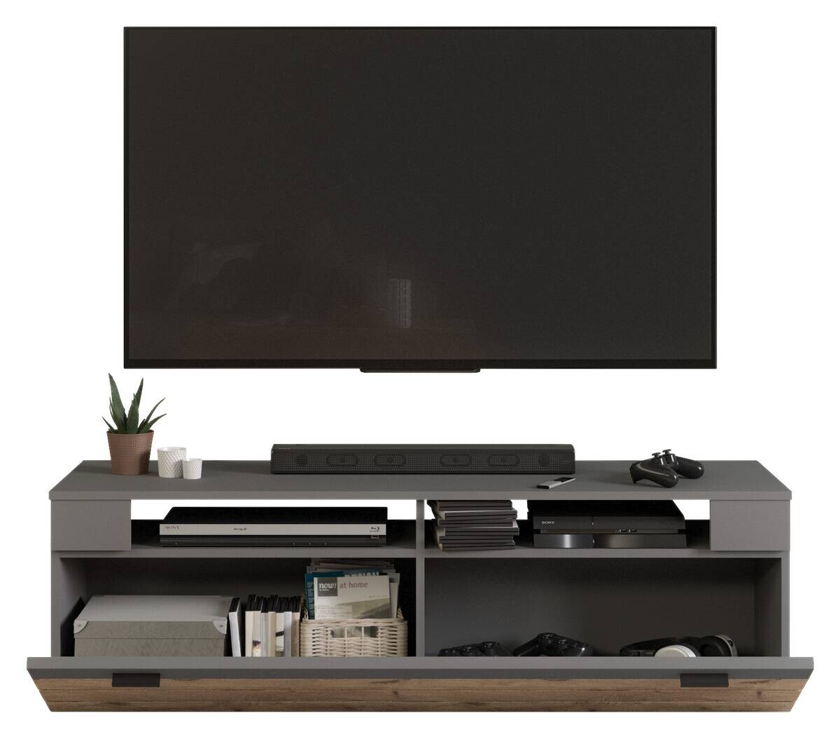 Wohnwand Freno grau matt Eiche Nox Oak Nachbildung B/H/T: ca. 350x195x40 cm