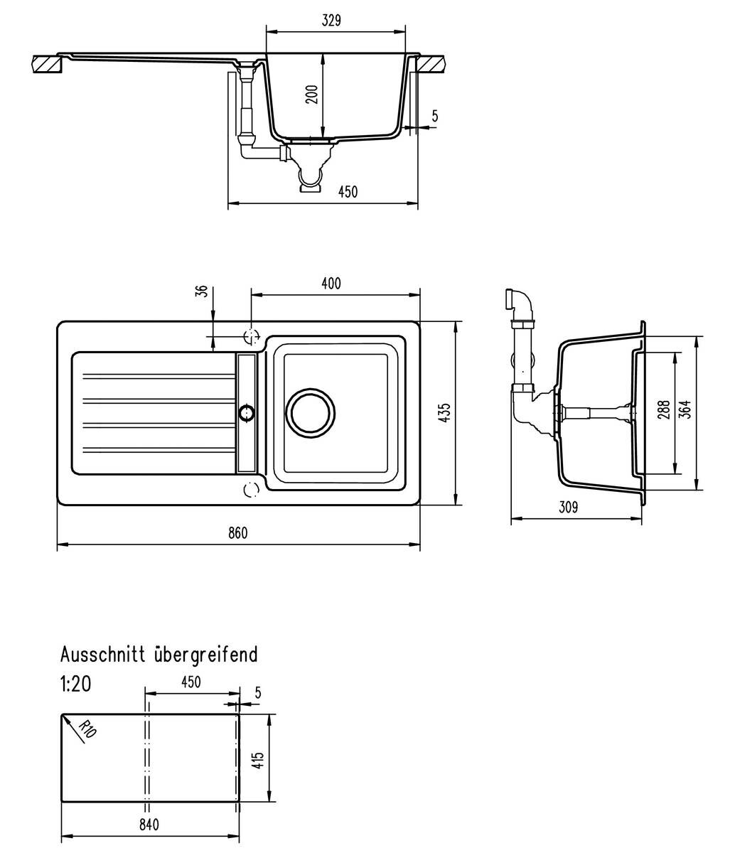 Respekta Einbauspüle Atlanta schwarz Granit B/H/T: ca. 86x20x43,5 cm