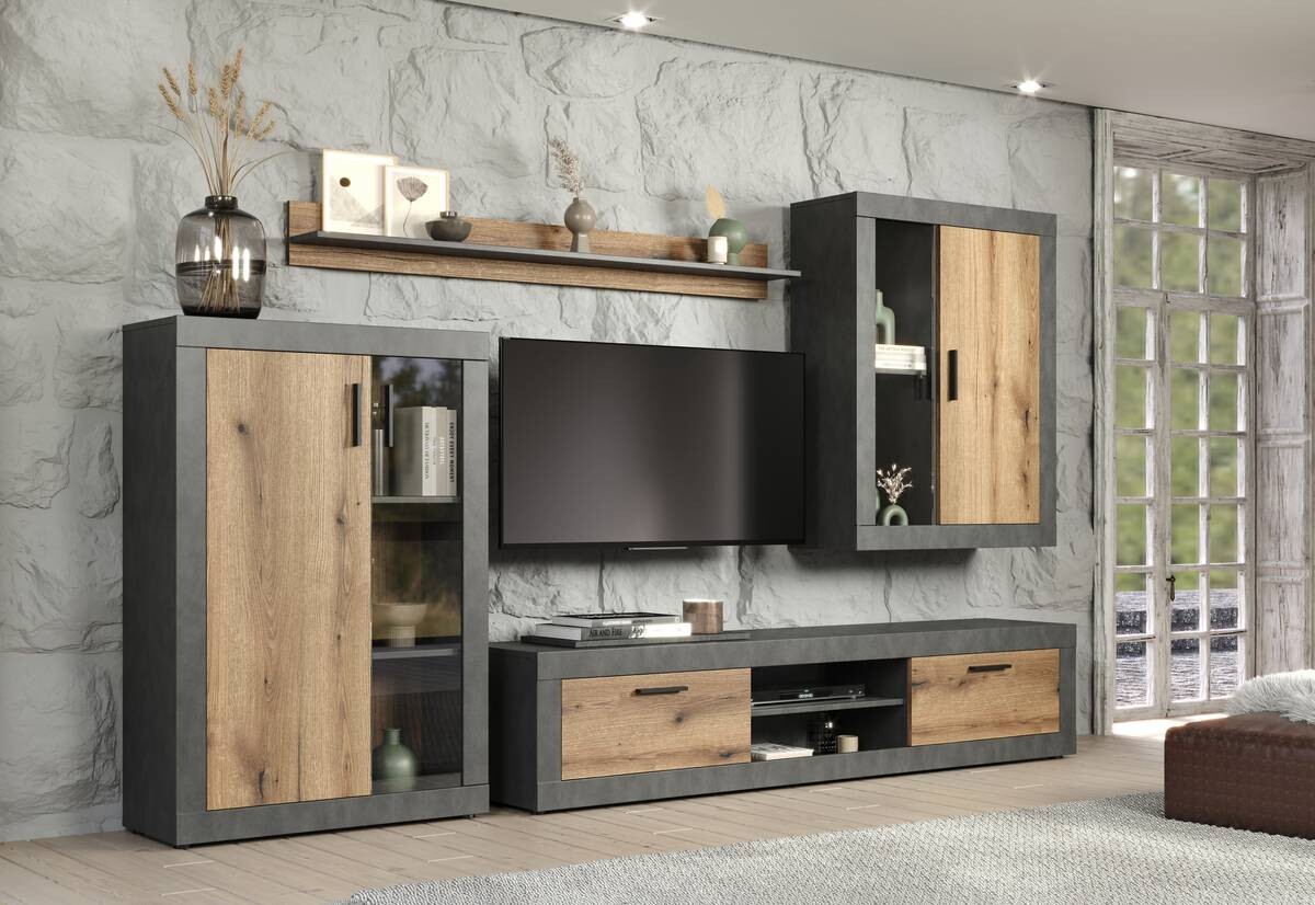 Wohnwand Salvada Eiche Evoke Coast Nachbildung anthrazit B/H/T: ca. 285x188x40 cm