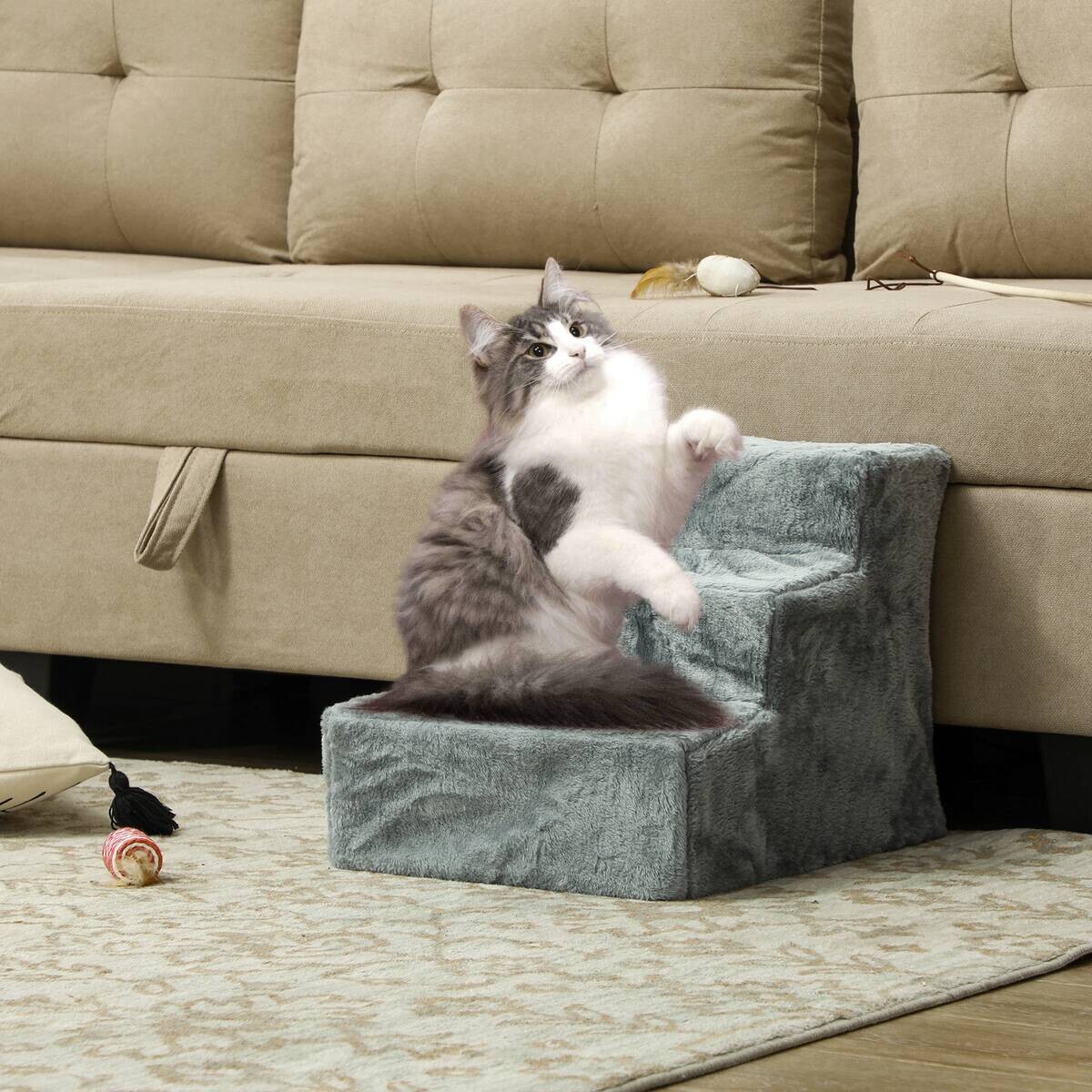 PawHut Haustiertreppe hellgrau Plüsch B/H/L: ca. 35x35x46 cm