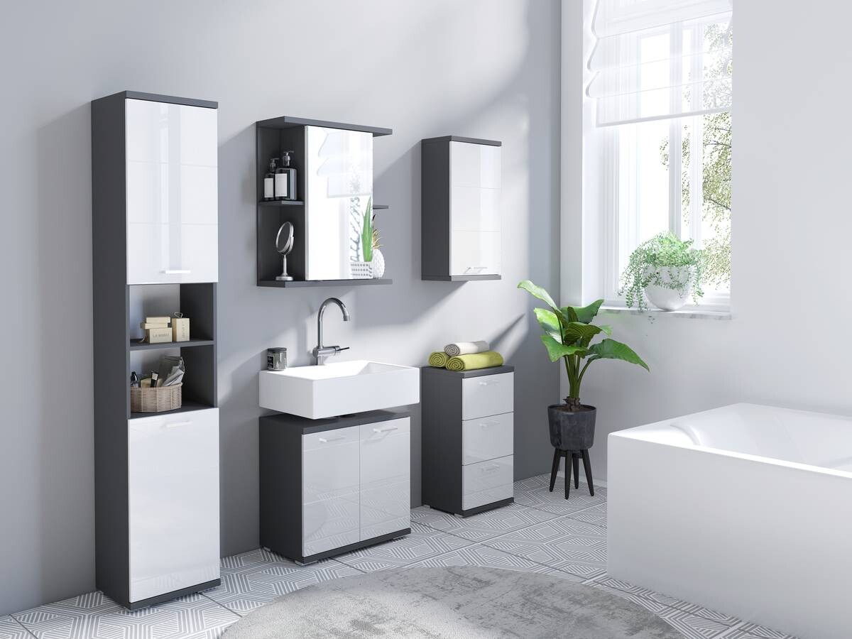 Waschbeckenunterschrank NEBRASKA anthrazit weiß Lack Hochglanz silber Holzwerkstoff Holzwerkstoff Metall B/H/T: ca. 60x59x31,5 cm