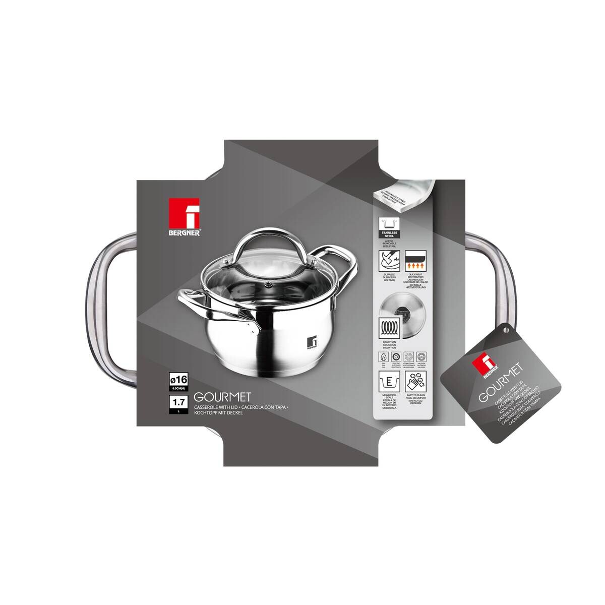 BERGNER Kasserolle GOURMET silber Edelstahl B/H/L: ca. 17,6x11,7x25,3 cm