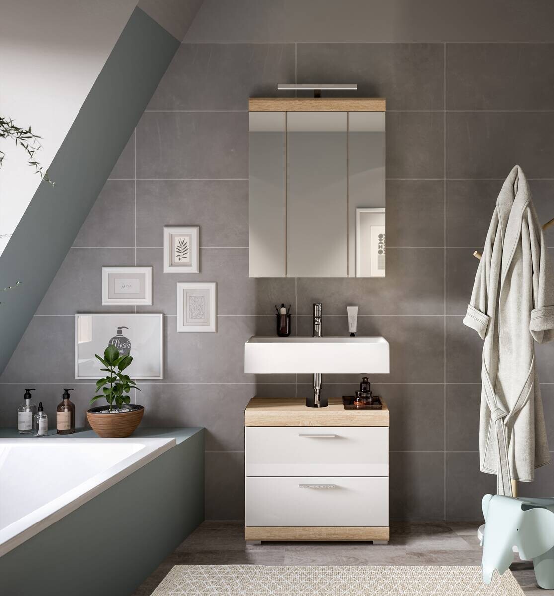 Badezimmer-Set Lambada Eiche Sonoma Nachbildung weiß Hochglanz B/H/T: ca. 60x191x37 cm