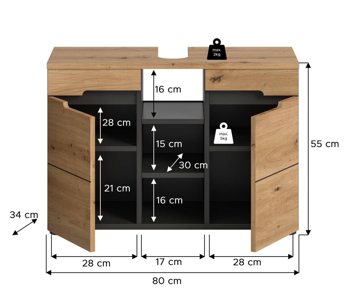 Waschbeckenunterschrank Canu Basalt Eiche Artisan Nachbildung B/H/T: ca. 80x55x34 cm