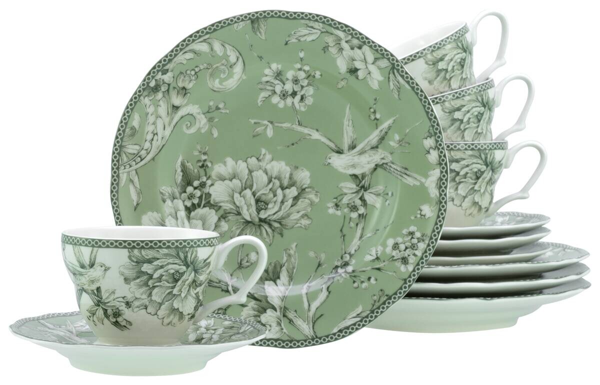 CreaTable Kaffeeservice Adelaide Grün weiß Porzellan 12 tlg.