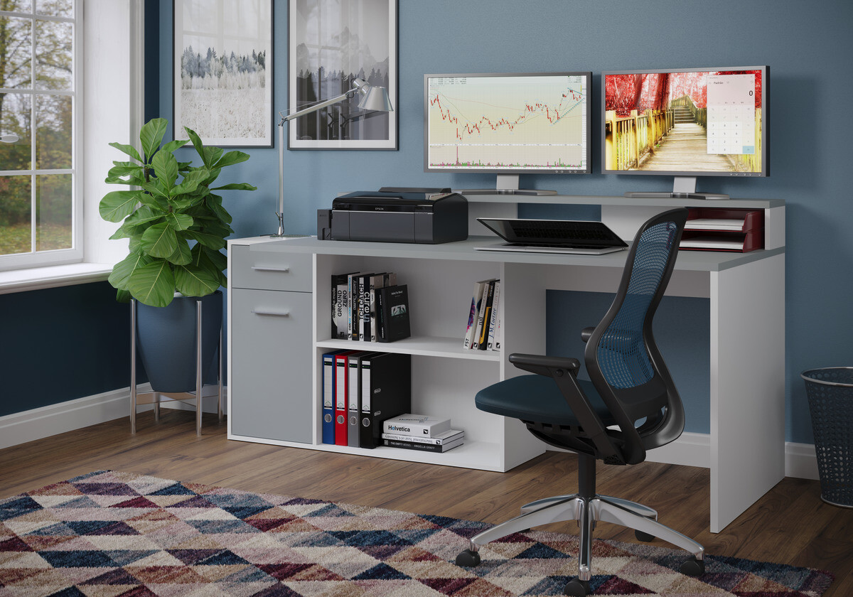 Schreibtisch Gamer hellgrau matt weiß matt B/H/T: ca. 160x92x115 cm