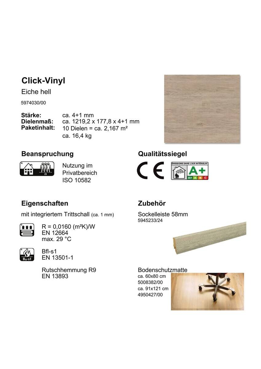 Click-Vinylboden Diele hell ca. 2,17 m² im Paket  B/L: ca. 17,78x121,92 cm pro Paket