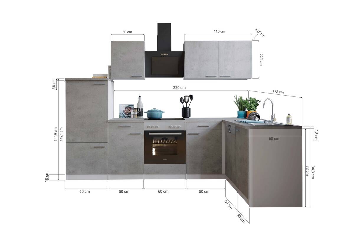 Respekta Winkelküche Malia Beton Optik B/H/T: ca. 280x200x172 cm