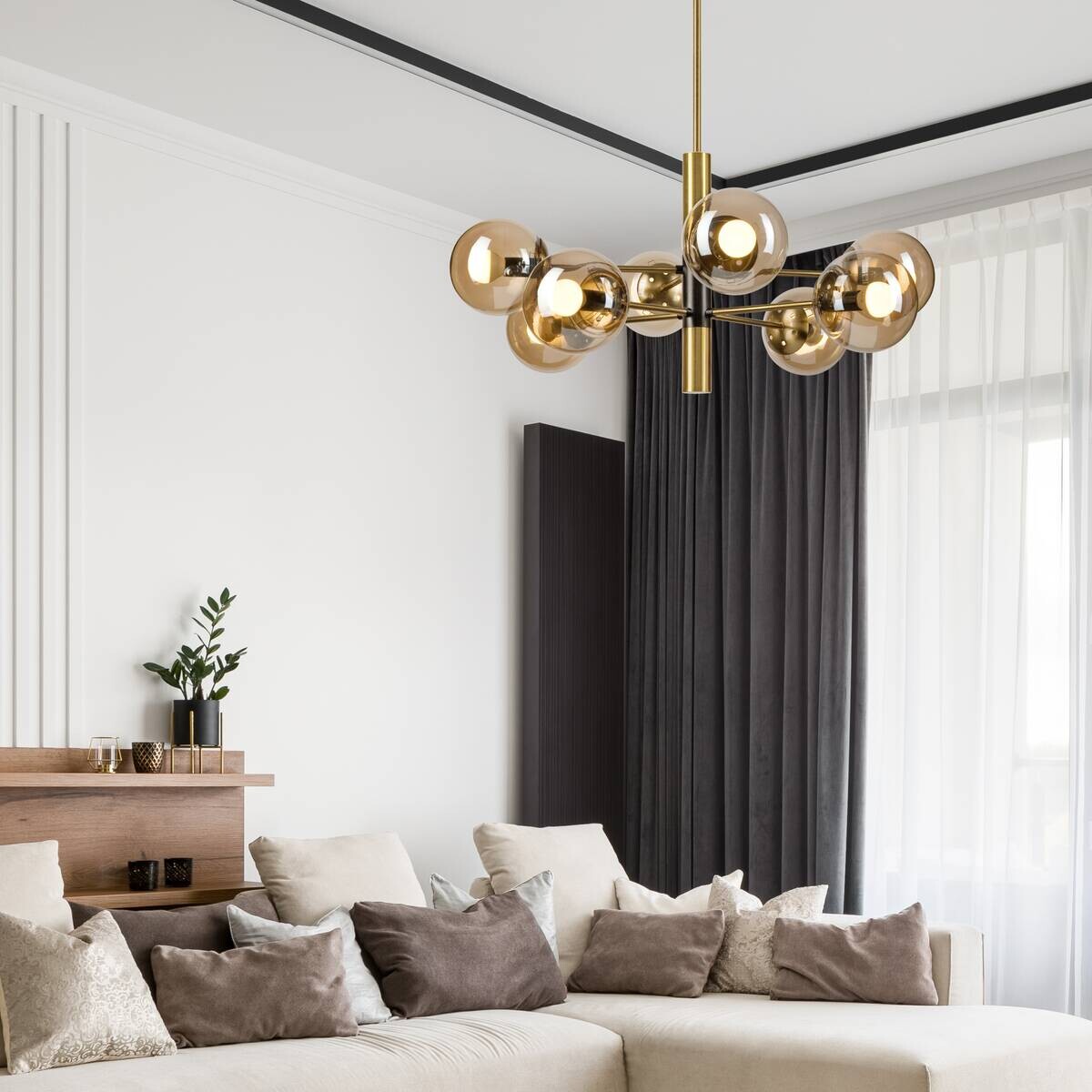 Lamkur Pendelleuchte gold schwarz Metall Glas H/D: ca. 76x68 cm E14 8 Brennstellen