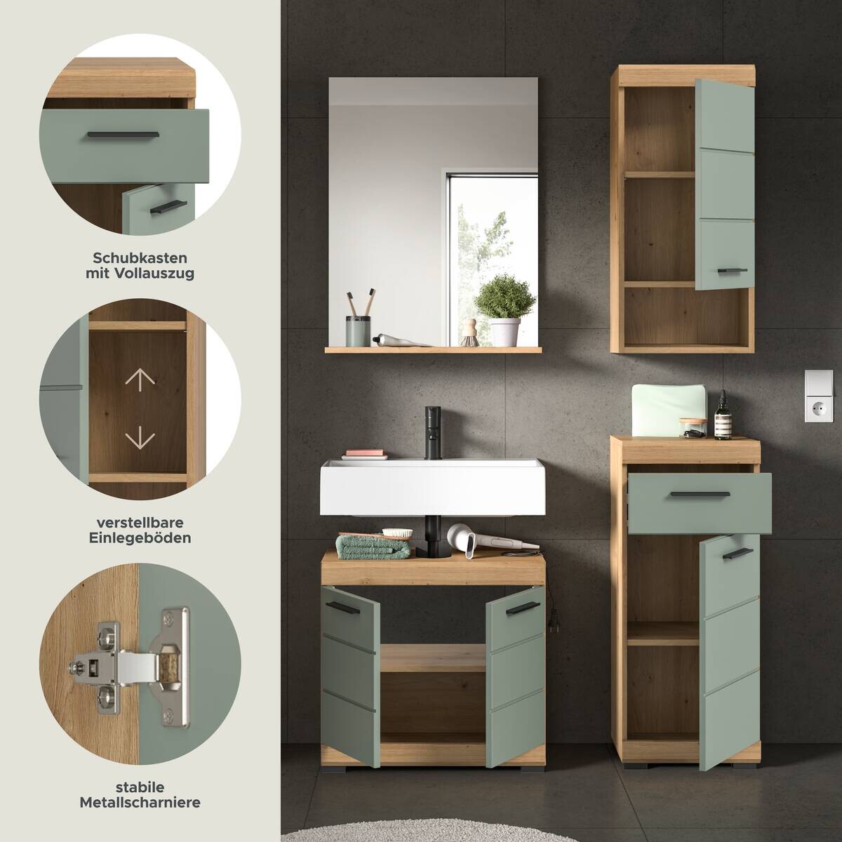 Badezimmer-Set Scout Eiche Artisan Nachbildung salbei Nachbildung B/H/T: ca. 112x191x34 cm