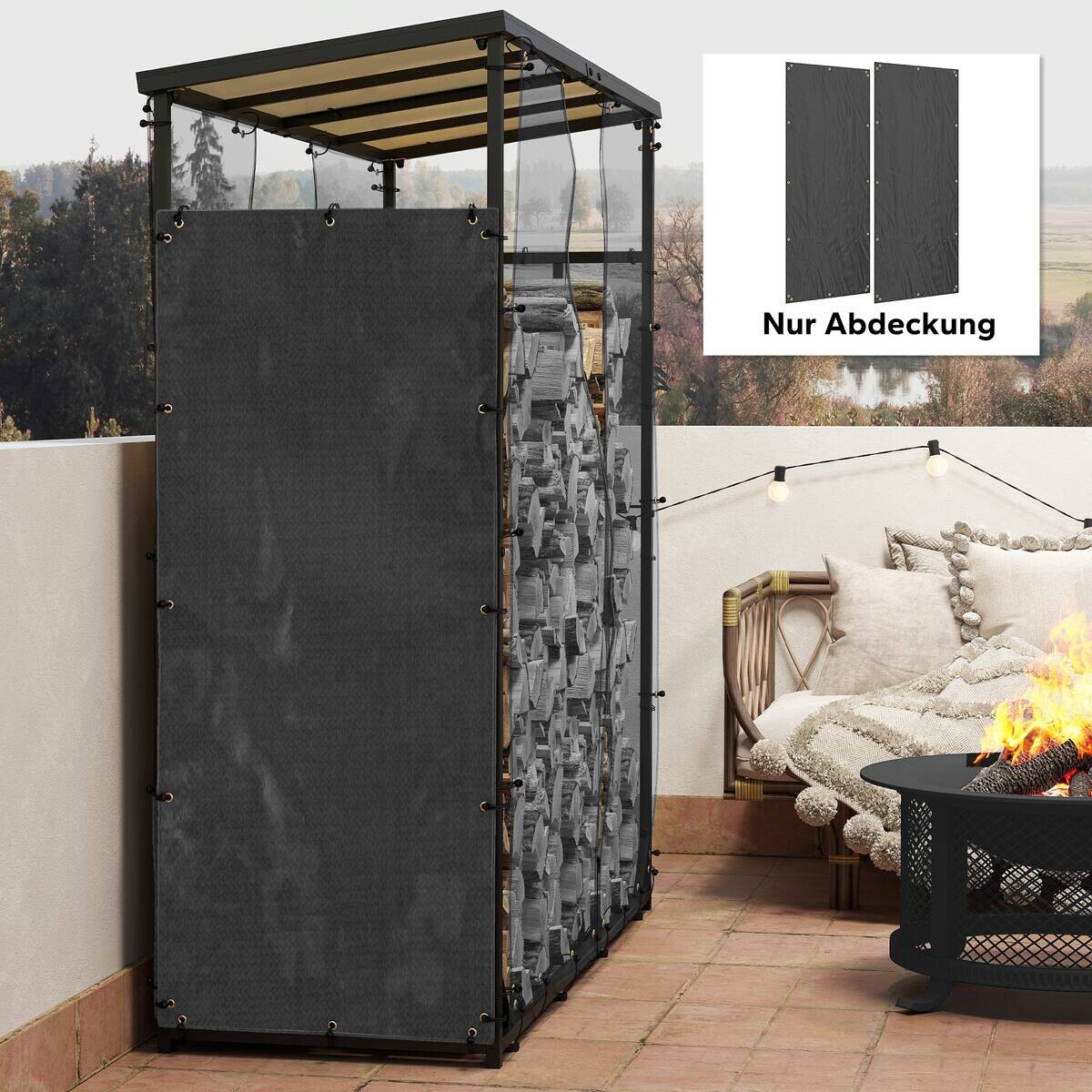 Outsunny Kaminholzregal Abdeckung schwarz Polyester B/H/L: ca. 62x0,1x148 cm