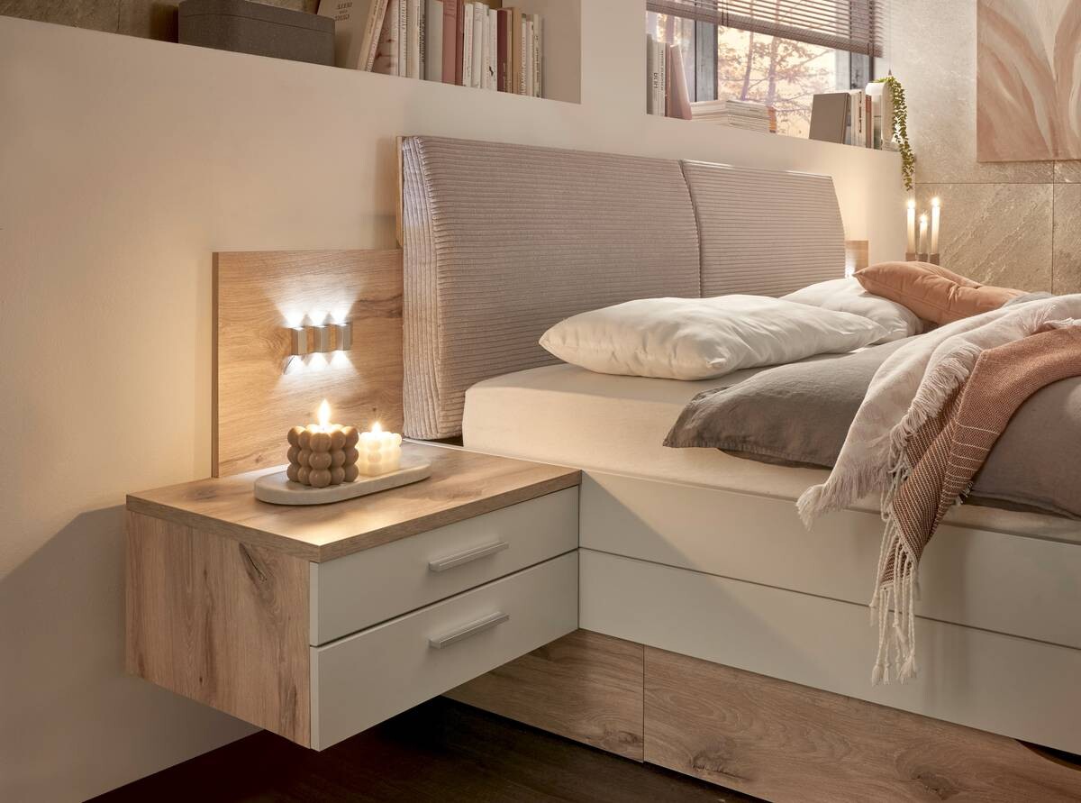 Bettanlage Moledo Eiche Viking Nachbildung hellgrau B/H/T: ca. 296x102x216 cm Liegefläche B/L: ca. 180x200 cm