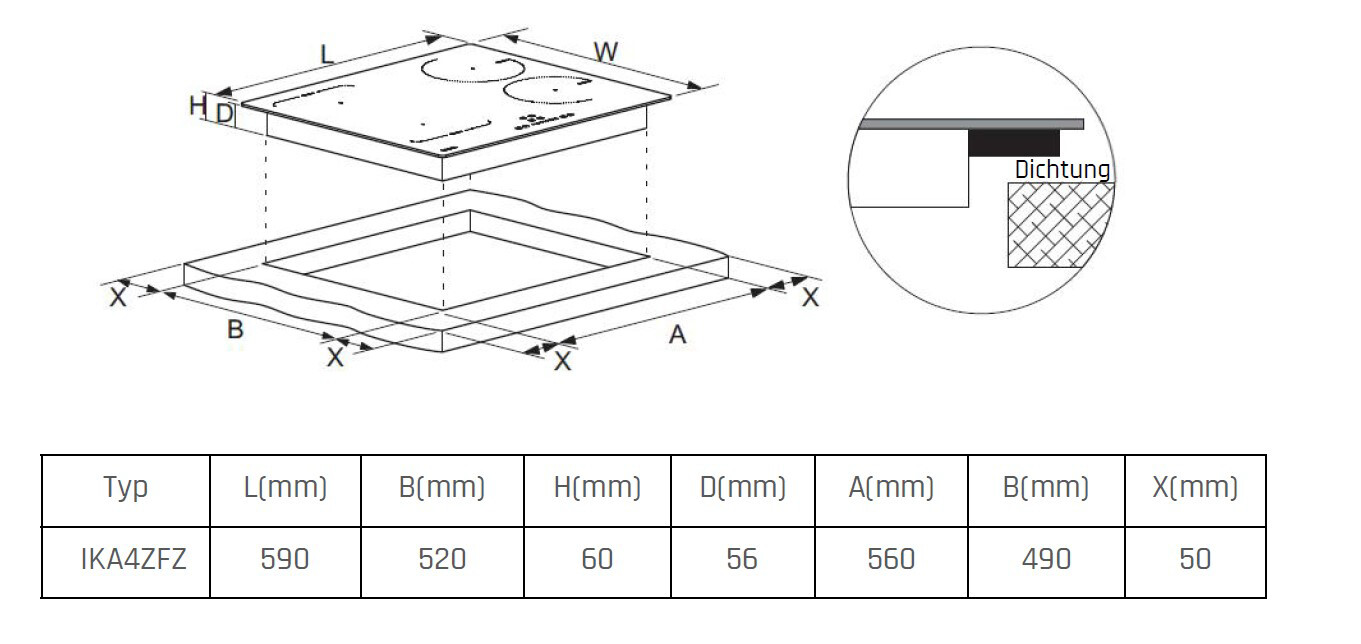 Mican Induktionskochfeld IKA4ZFZ schwarz Schwarzglas B/H/T: ca. 59x5,5x52 cm